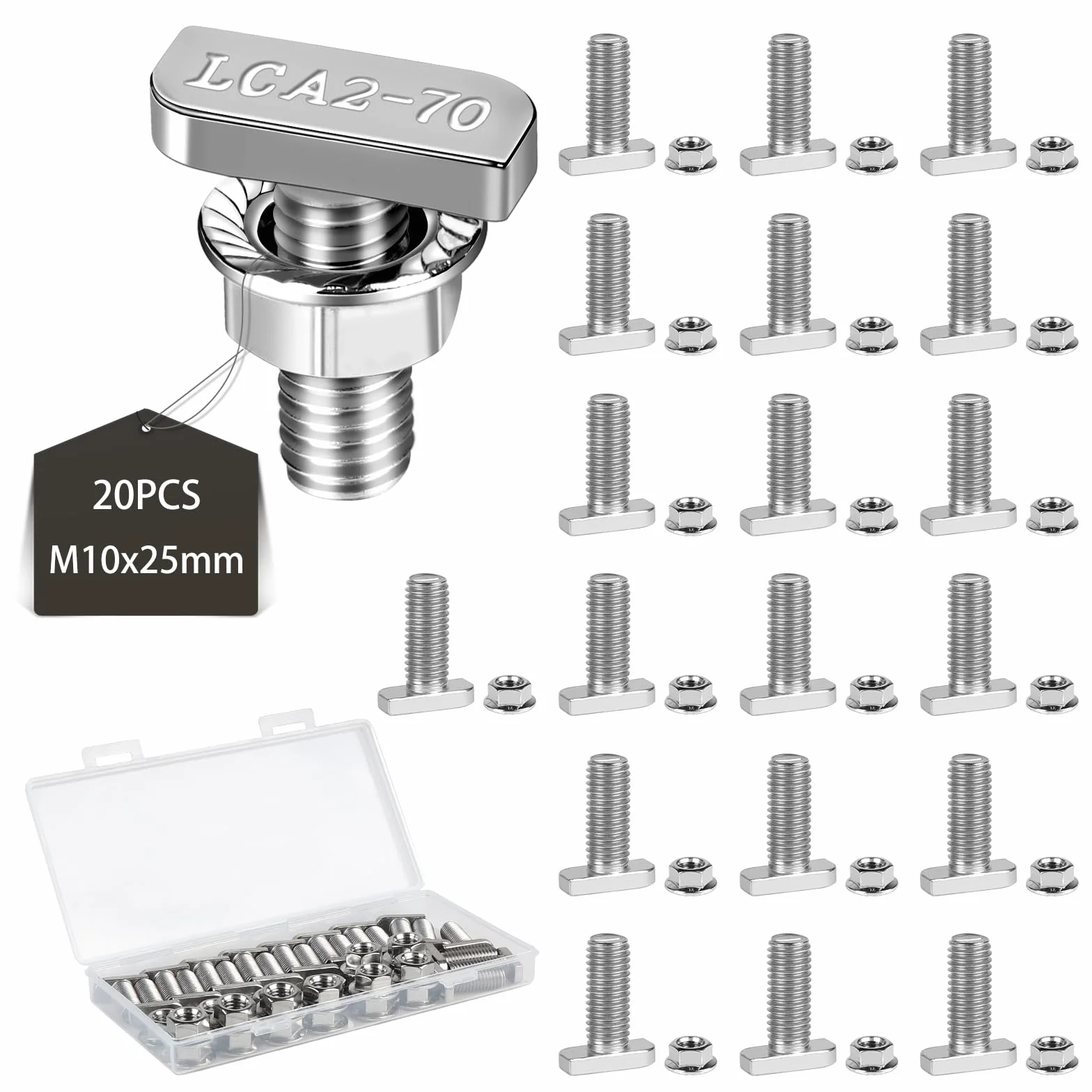 EXLECO 20 x śruba z łbem młotkowym M10 x 25 mm, ze stali nierdzewnej, z pudełkiem z tworzywa sztucznego, śruba ze stali nierdzewnej, mocowanie z nakrętkami kołnierzowymi do szyn T, szklarni, szyn