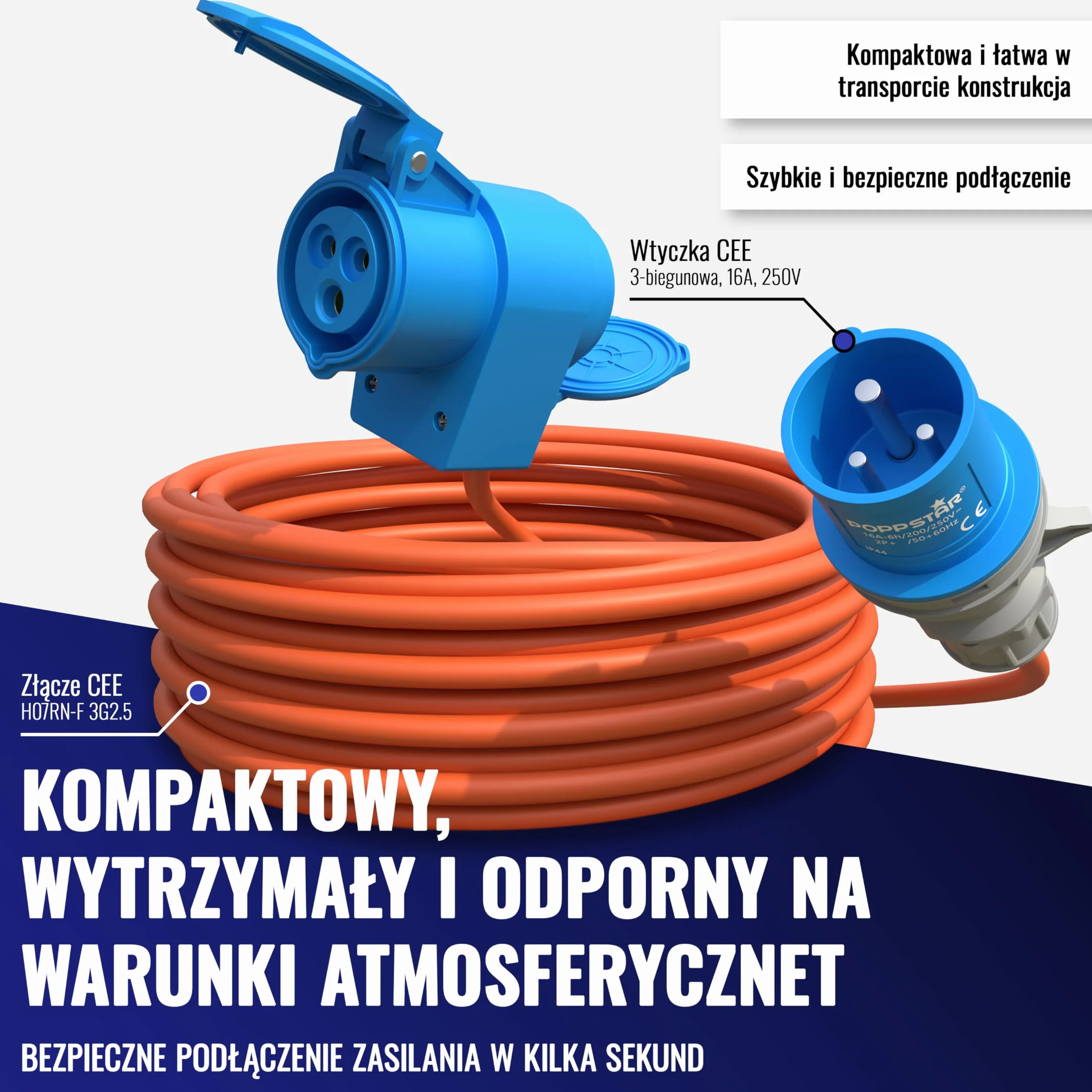 Poppstar kabel CEE 15m 230V/16A IP44 H07RN-F 3G2.5 z wtyczką Schuko