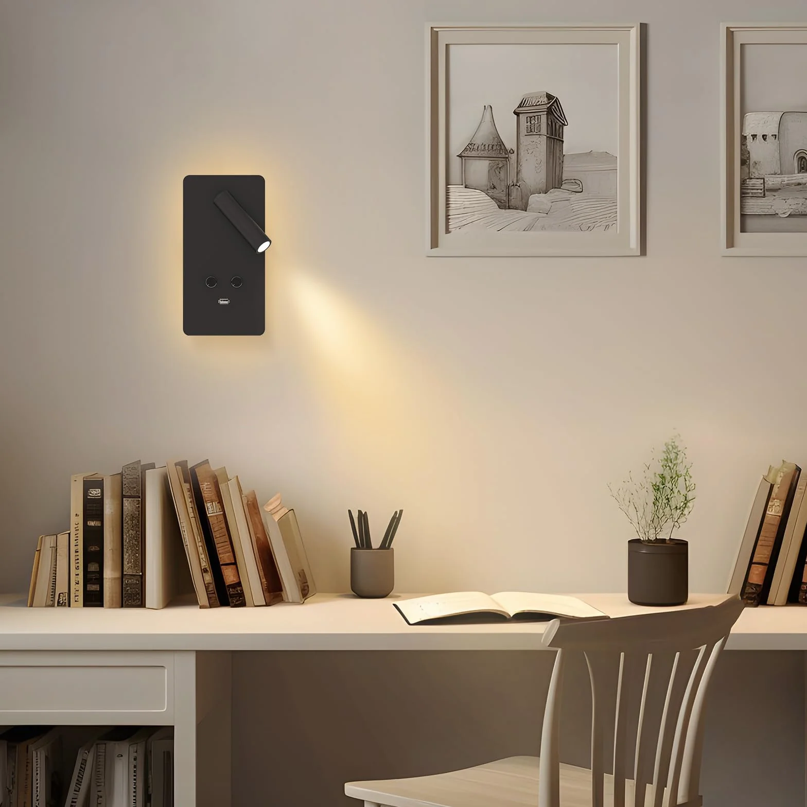 M04 Ścienna lampa do czytania z regulacją jasności (0,9-3,7W) - LED z podświetleniem 1,2-6W, port USB, do montażu na wtyczkę lub stałe podłączenie，Czarny