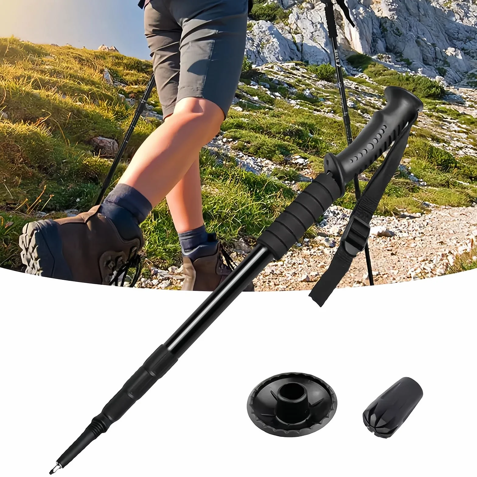 Kijki trekkingowe, aluminiowe kijki trekkingowe, dla kobiet i mężczyzn, do wędrówek, nordic walkingu i wycieczek narciarskich, regulowane, teleskopowe, lekkie, czarne, 52-110 cm (1 szt.)