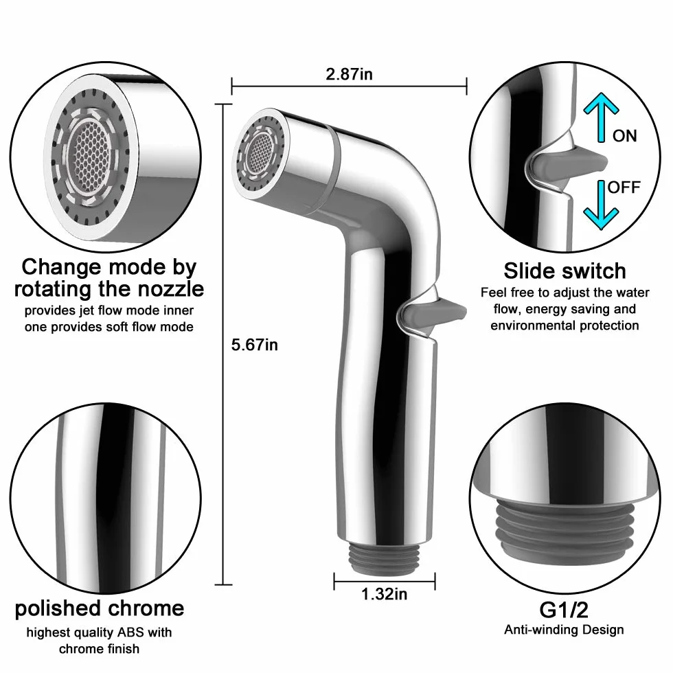 Natrysk bidetowy Najnowszy przełącznik suwakowy z 2019 r. i 2 trybami przepływu wody Ręczny natrysk bidetowy z tworzywa sztucznego ABS Wykończenie chromowane Z wężem 49-calowym i uchwytem