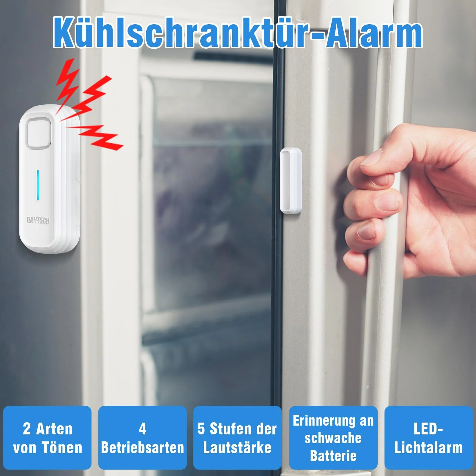 DAYTECH alarm do lodówki, alarm okienny, alarm drzwiowy i okienny, czujnik do szopy ogrodowej, 120 dB, sygnał dźwiękowy, alarm włamania do domu, czujnik opóźnionego ostrzeżenia, 1 sztuka