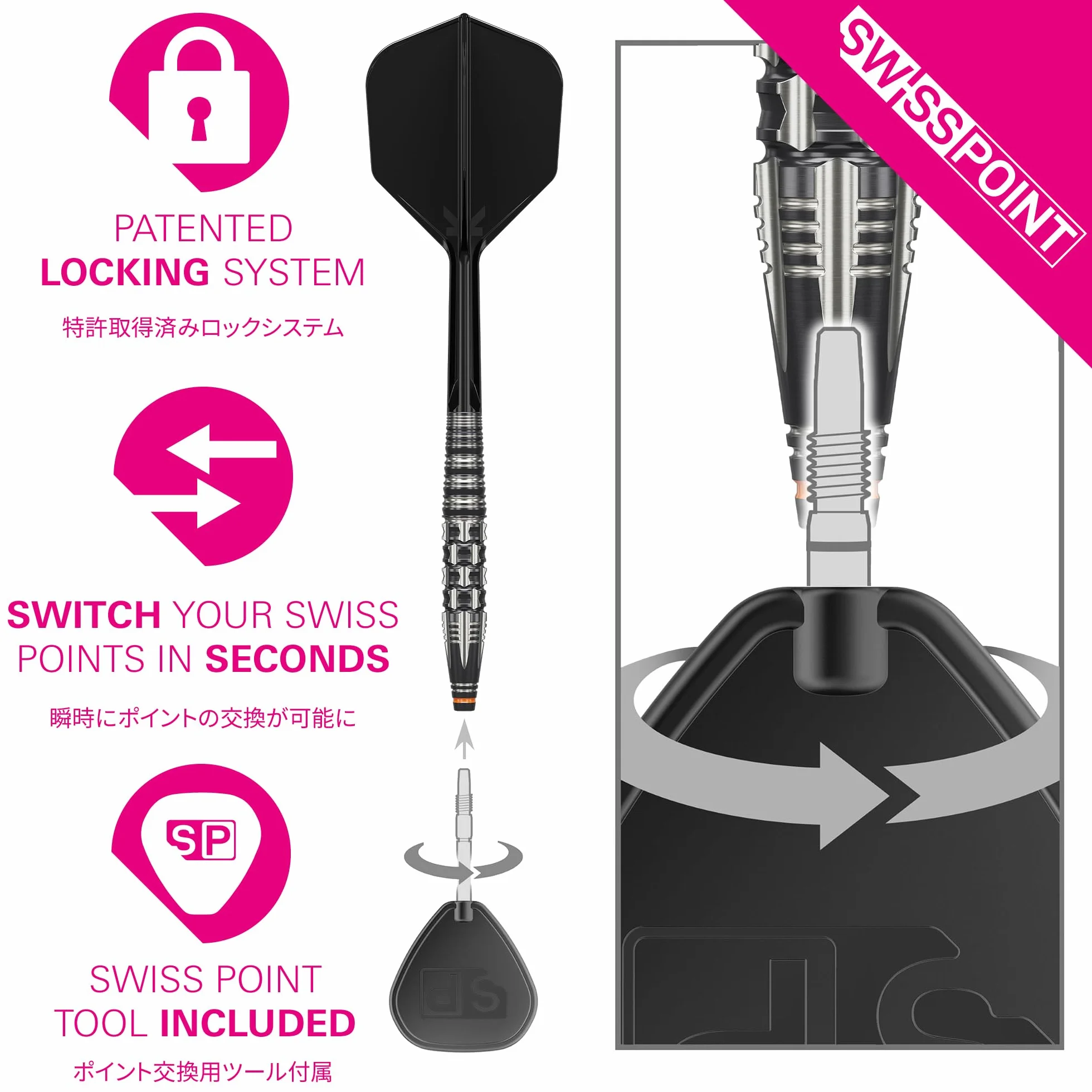 Target Japan Black Marque Dancing Duck G4 90% Tungsten K-Flex Swiss Point Steel Tip Darts Set, 24G | Yuya Higuchi Dart Flight, Swiss Nano Points, K Flex No.6 Shape Flights en Shafts