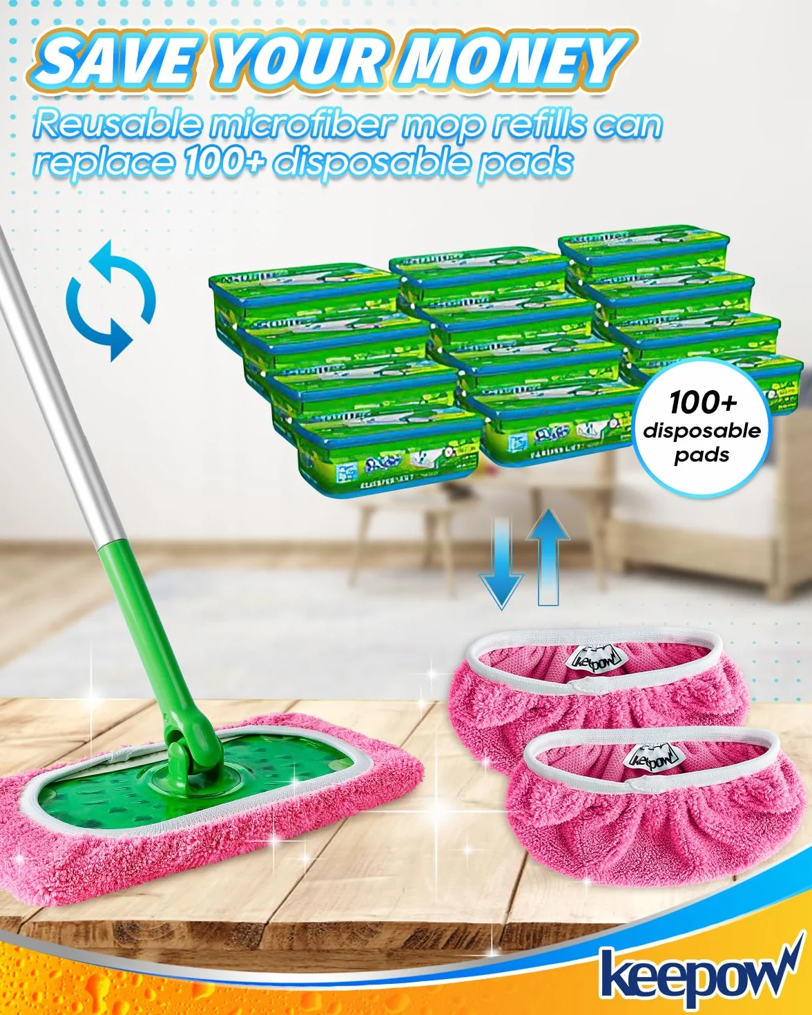KEEPOW Wielokrotnego użytku na ściereczki do mopu Swiffer - czyste bawełniane ściereczki na mop Swiffer, idealne do Swiffer Wet, do czyszczenia podłóg z drewna twardego, 25,4x11,5cm, 6 sztuk