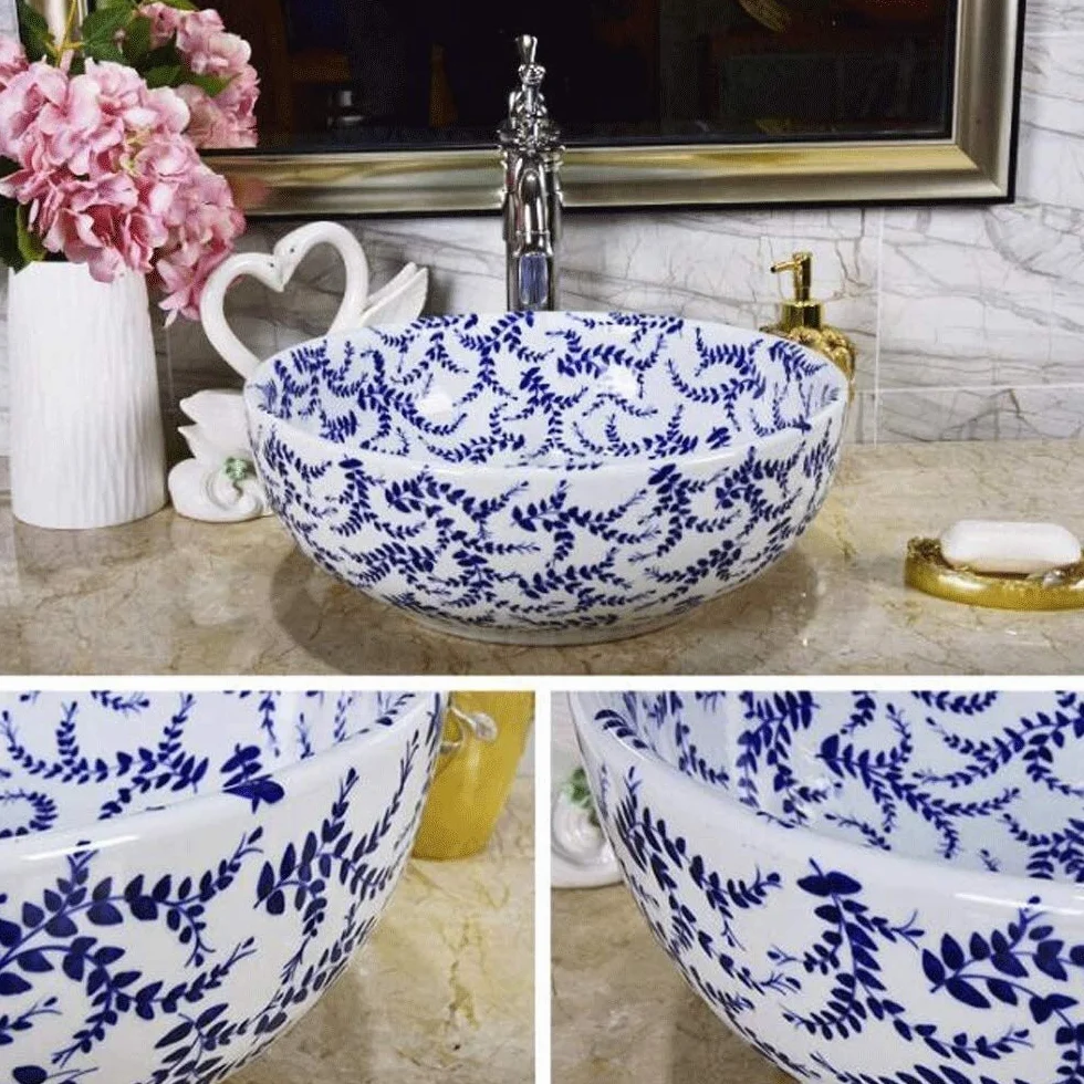 Szafka Pod Umywalkę Z Umywalką, Umywalka Nablatowa, Nowoczesna Okrągła Ceramiczna Umywalka Nablatowa, Porcelanowa Miska Nablatowa Z Ręcznie Malowanym Wzorem Liści