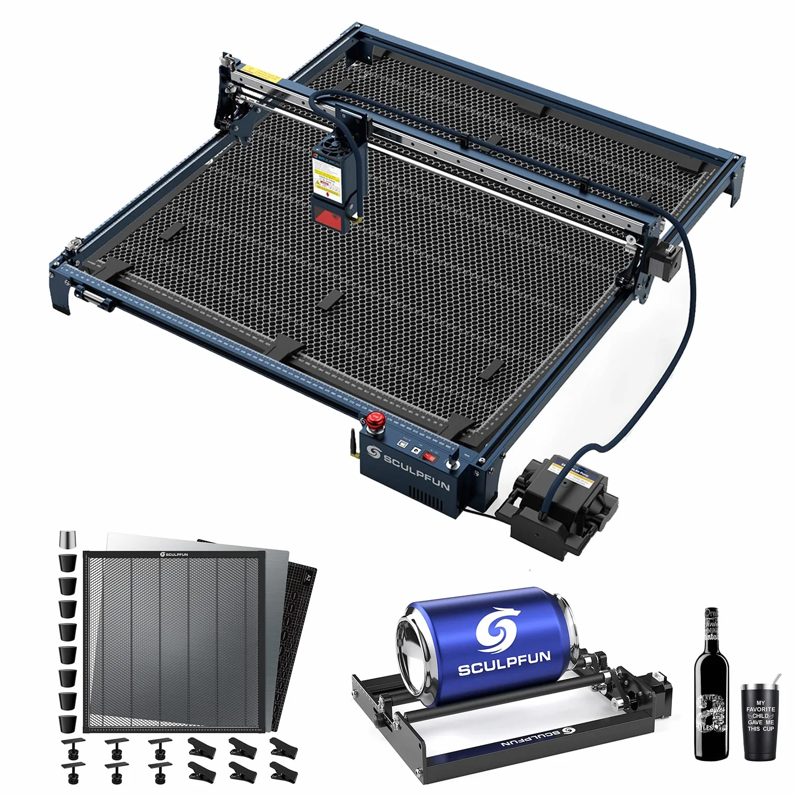 SCULPFUN S30 Ultra 33 W maszyna do grawerowania laserowego, wycinarka laserowa ze stołem roboczym o wymiarach 600 x 600 mm, laserowy wałek obrotowy, 600 x 600 mm, obszar roboczy, 42-bitowy silnik