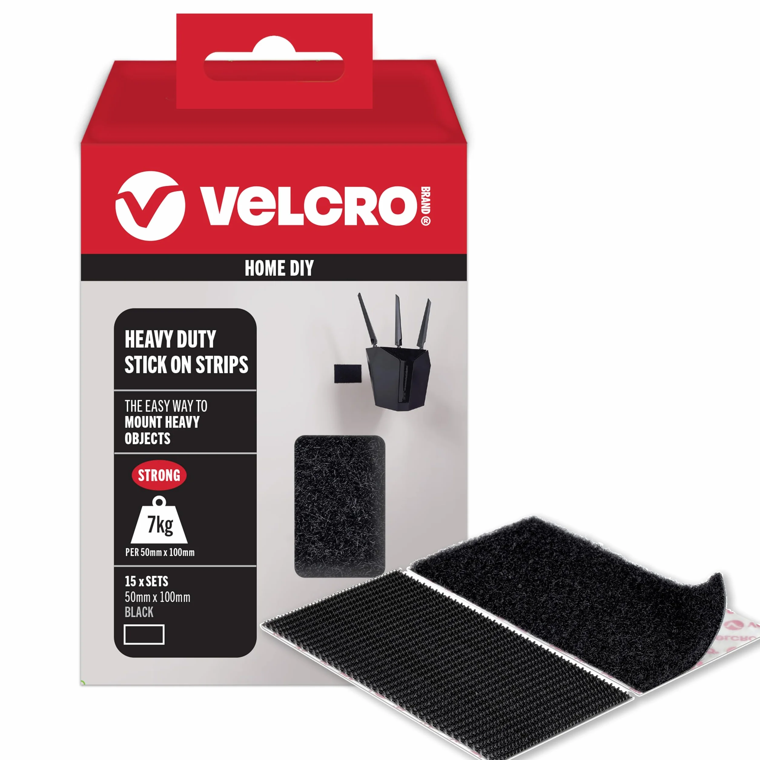 VELCRO Marka | Wytrzymałe paski samoprzylepne | Wytrzymałość przemysłowa dwustronne samoprzylepne paski na rzep idealne do wystroju pokoju i domu, biura, garażu, czarne, 50 mm x 100 mm, zestaw 15