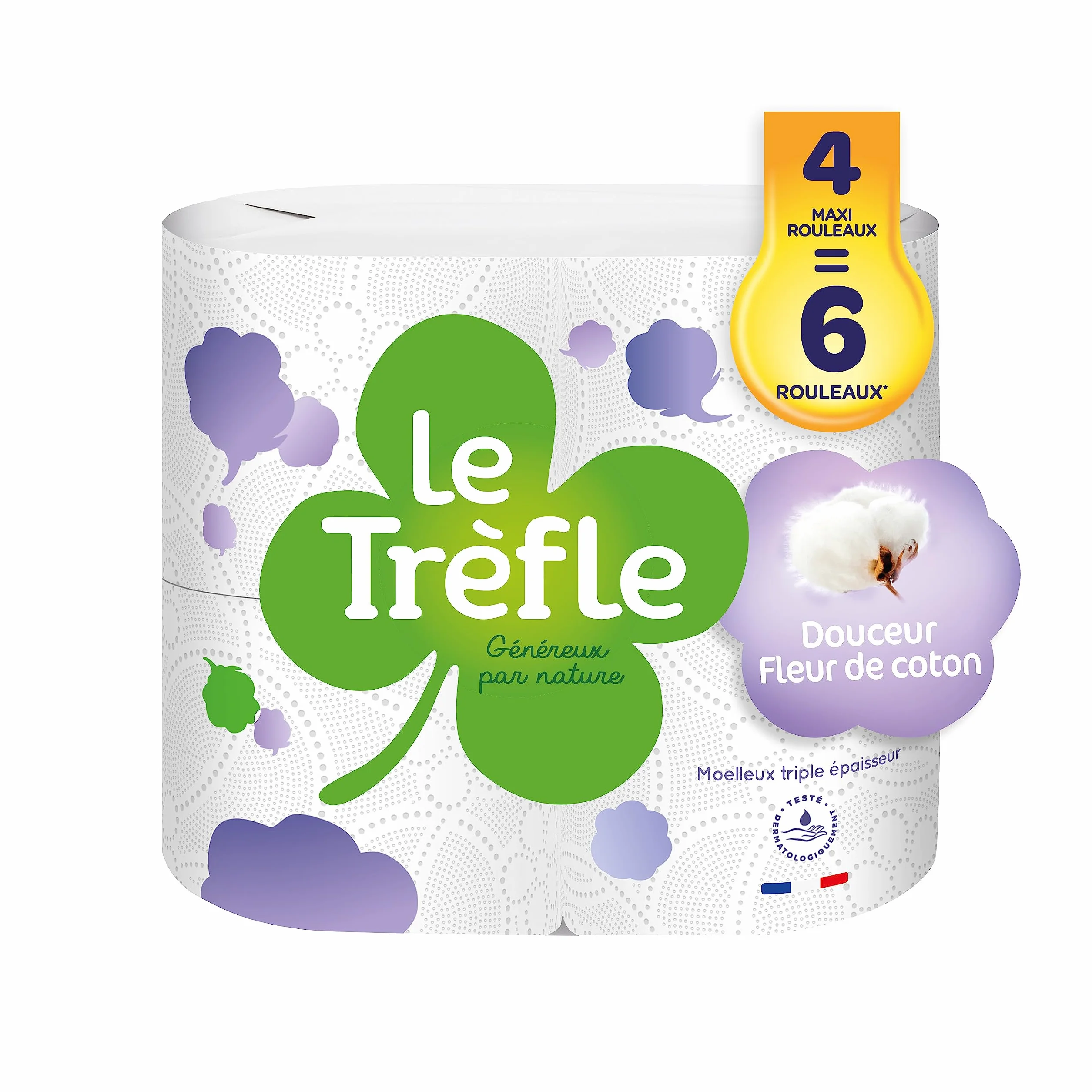 Le Trefle® Douceur Fleur de Coton papier toaletowy, 4 rolki maxi = 6 klasycznych rolek, balsam z ekstraktami bawełny, opakowanie nadające się do recyklingu, certyfikat FSC®, uniseks