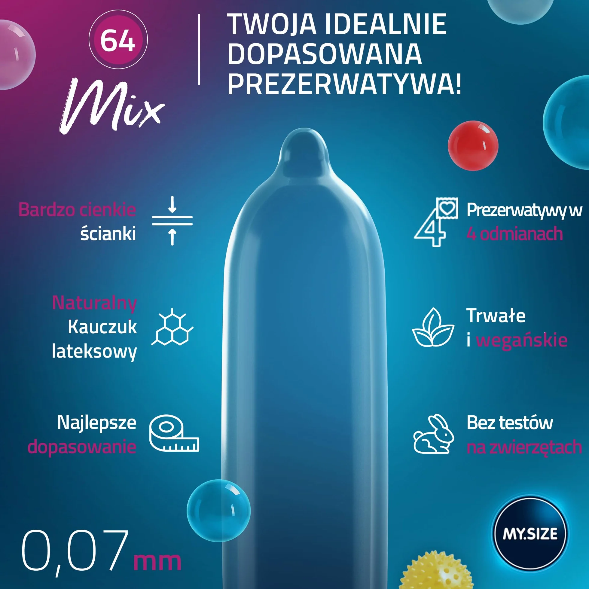 MY.SIZE Mix prezerwatywy 28 sztuk 64 mm rozmiar 6 smakowe kolorowe prążkowane klasyczne