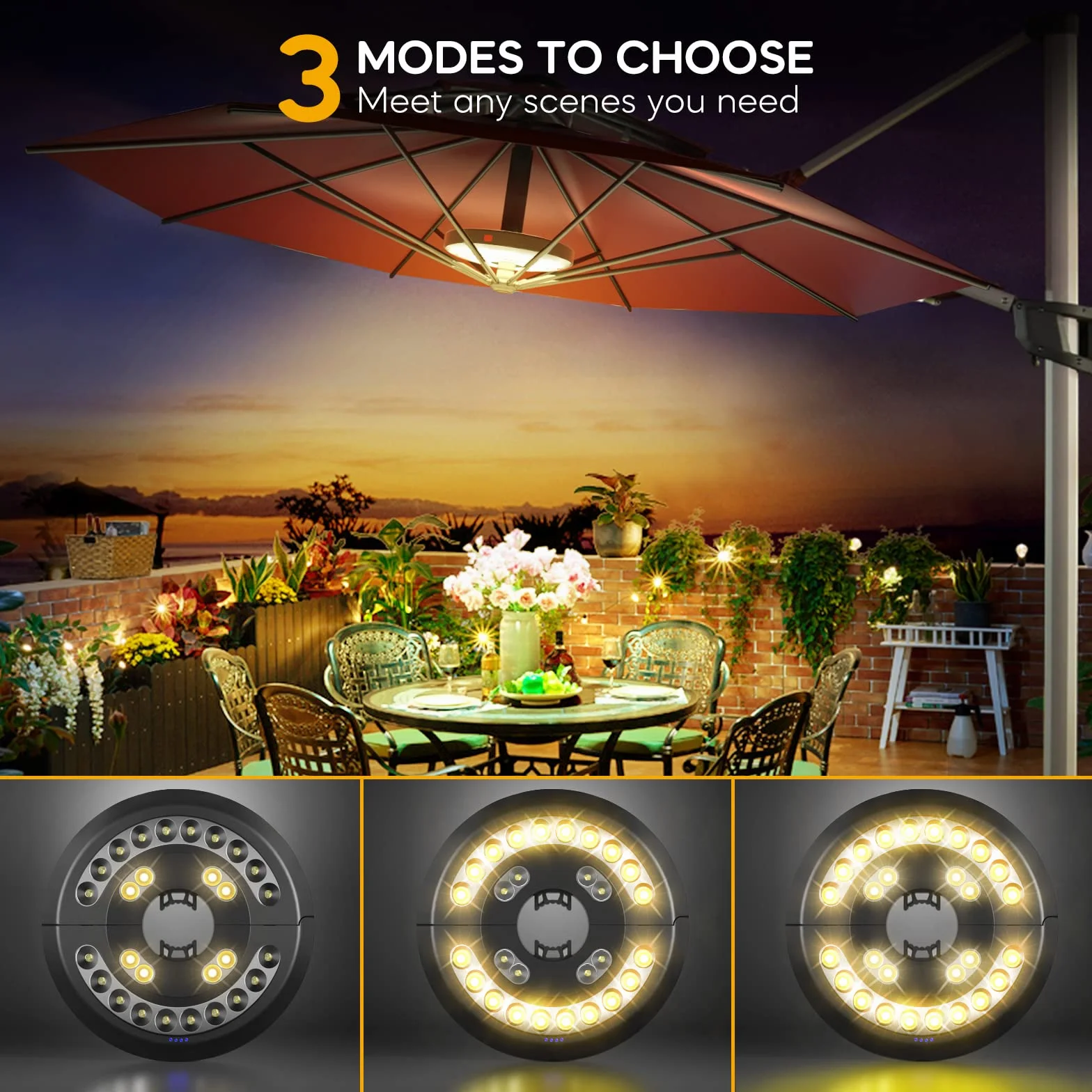Lampy parasolowe, oświetlenie parasola, bezprzewodowe 28 lampek LED z 3 trybami oświetlenia, 4 baterie AA zasilane / ładowanie przez USB, do długotrwałego użytku bezprzewodowego na zewnątrz namioty kempingowe do oświetlenia (Warm)