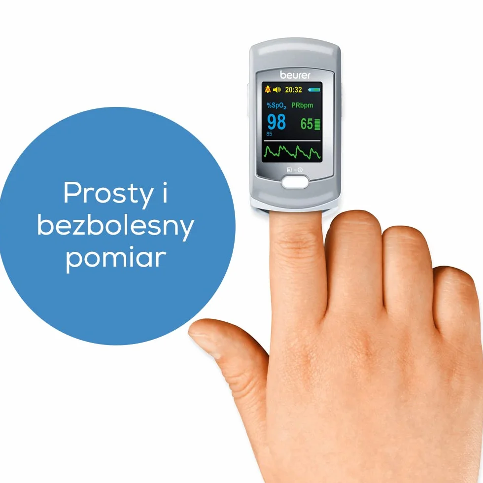 Beurer PO 80 pulsoksymetr, pomiar saturacji tlenem (SpO₂) i tętna (pulsu), 24-godzinny ciągły zapis, oprogramowanie "beurer SpO₂ Assistant", funkcja sygnału