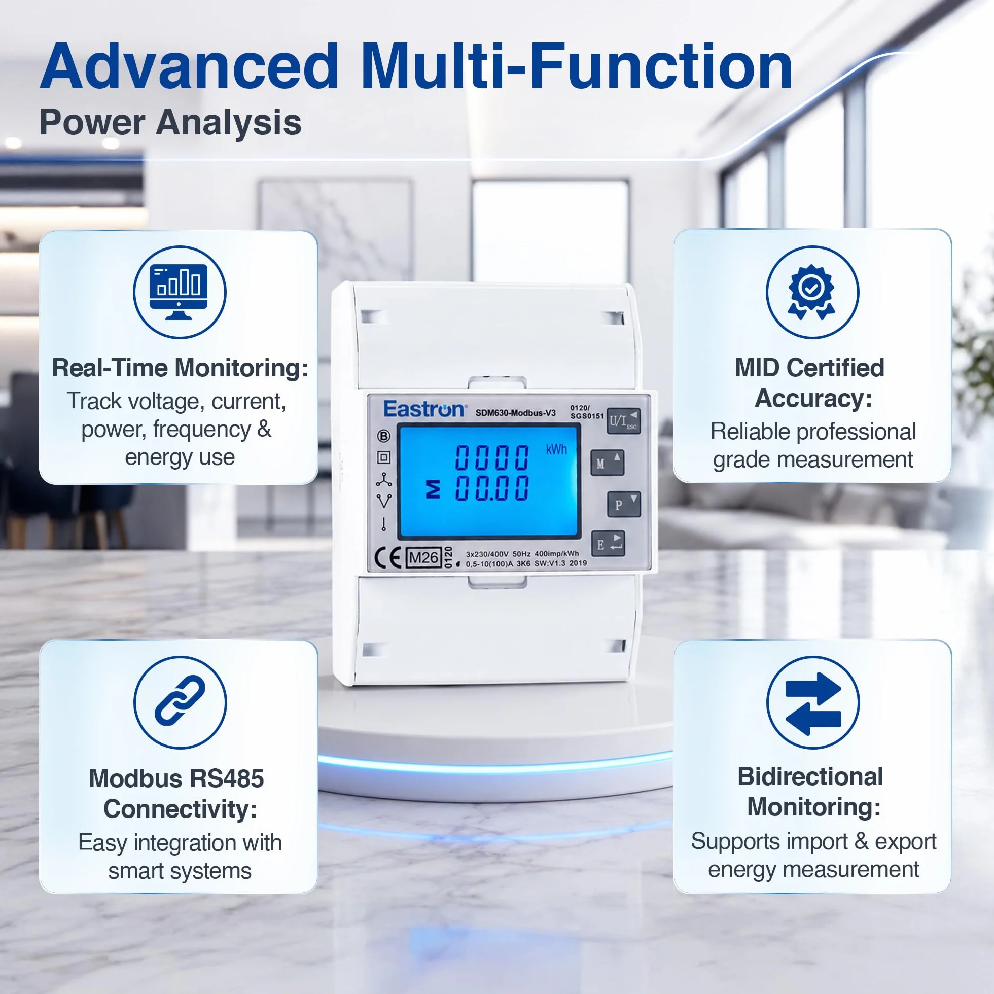 Eastron SDM630Modbus-V3 Trójfazowy Licznik Energii Elektrycznej DIN Szyna RS485 Modbus-RTU