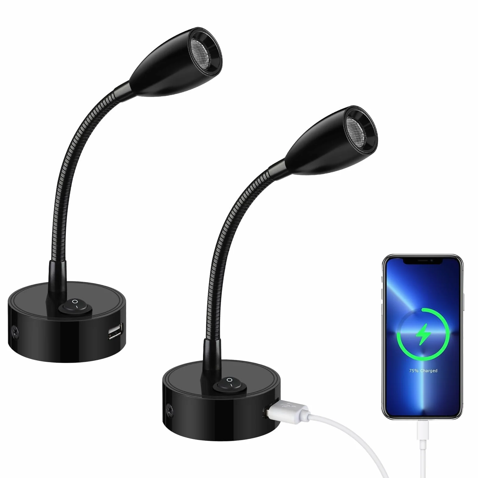 ERWEY 2er LED Lampa do czytania 12V Camper, 3W 3000K Lampa ścienna Lampa Łóżkowa z elastyczną gęsią szyją i portem ładowania USB DC12-24V Spot do łodzi, jachtu, vana oświetlenie wnętrza, czarny