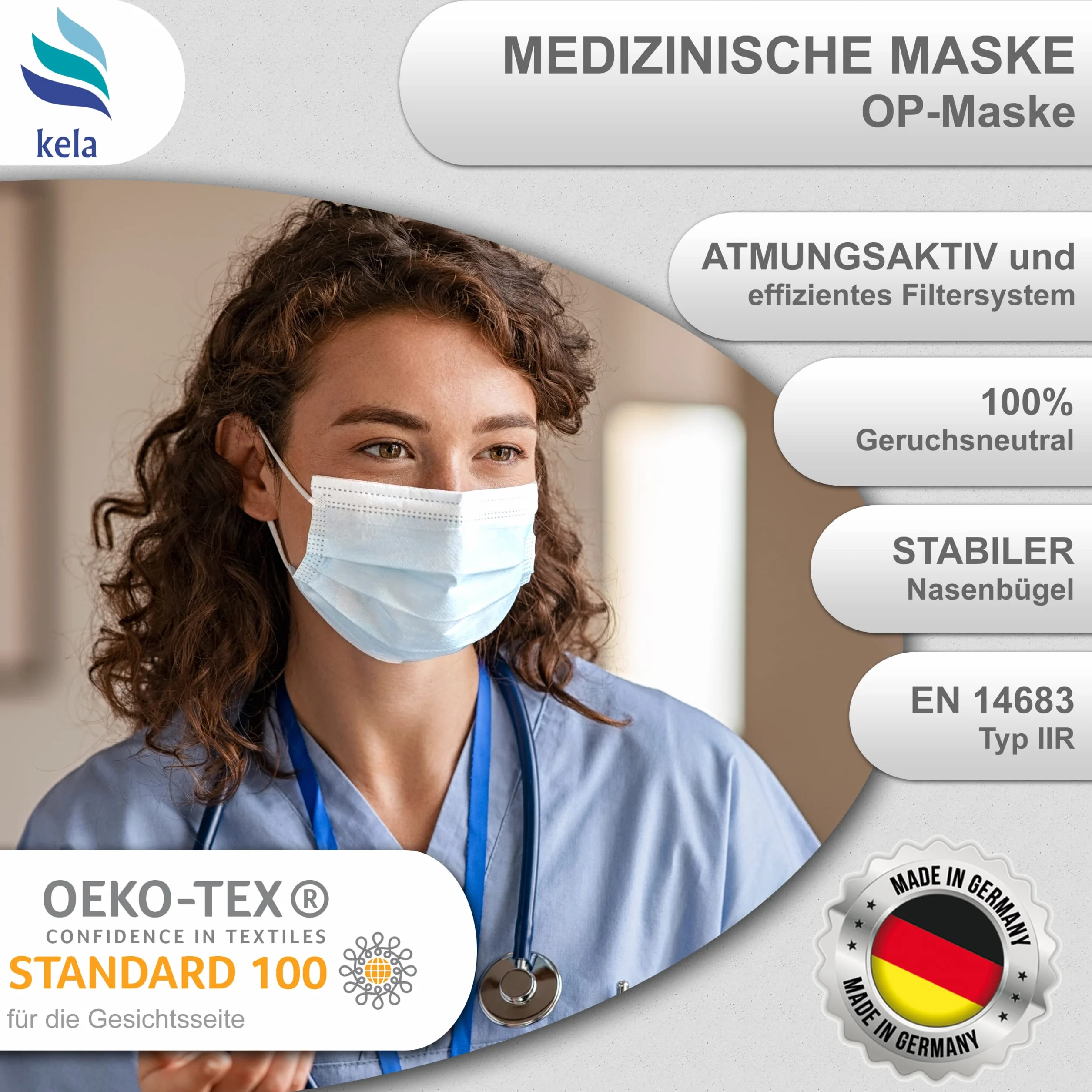 kela®, Maska medyczna, biała, Made in Germany, maska medyczna do ochrony ust i nosa, jednorazowa maska chirurgiczna, certyfikat CE, DIN EN 14683 typ IIR, BFE > 99,88%, 3-warstwowa