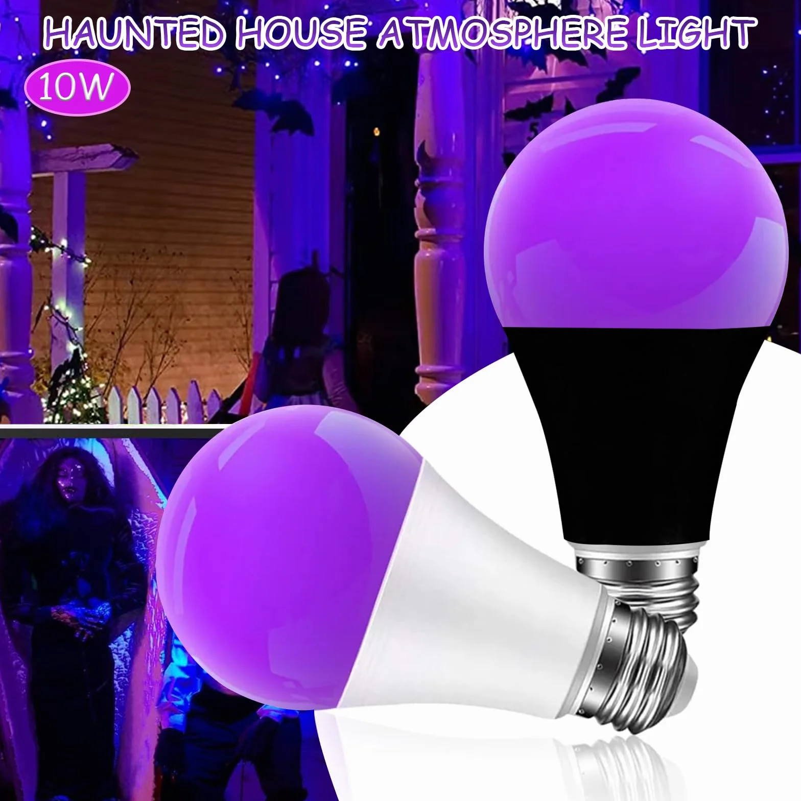 Żarówka UV z czarnym światłem, E27, 10 W, czarna żarówka, 385-400 nm UVA, oświetlenie UV na imprezę Halloween, do piwnicy, dyskoteki, klubu (2 sztuki białe)