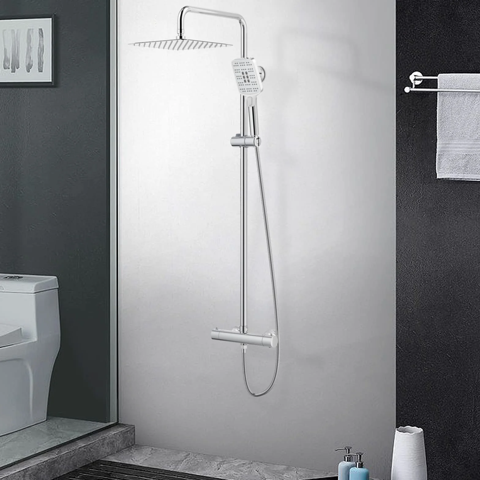 Rainsworth System prysznicowy z termostatem, chromowany, 25 x 25 cm, kwadratowa deszczownica ze stali nierdzewnej, armatura prysznicowa, deszczownica z armaturą, 3 rodzaje strumienia, drążek