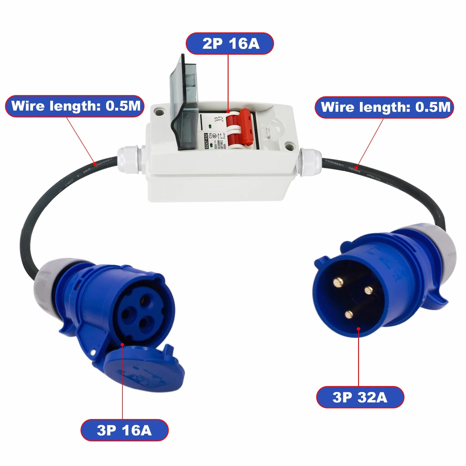 CEE Adapter 32 A na 16 A, 3P z falownikiem fazowym, CEE, adapter prądu silnego 32 A, wtyczka do złącza 16 A, z wyłącznikiem nadmiarowym, przedłużony kabel (niebieski)