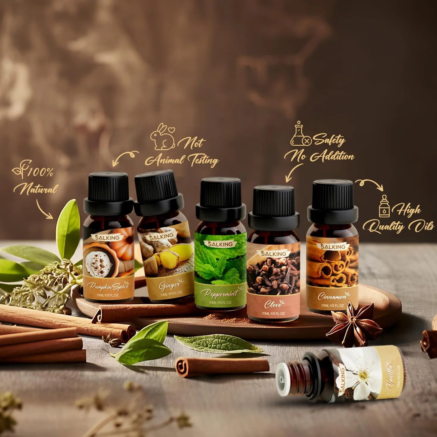 SALKING Jesienny zestaw olejków eterycznych do aromaterapii, zestaw prezentowy, olejki zapachowe do dyfuzora, nawilżacza powietrza, 6 x 10 ml, wanilia, cynamon, goździk, przyprawa do dyni, mięty