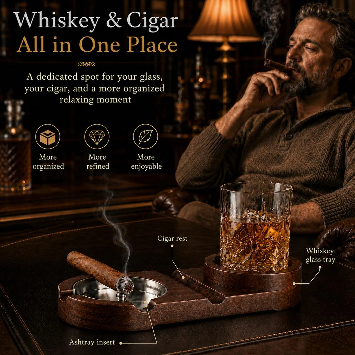 Popielniczki na cygara, taca na kieliszki do whisky i uchwyt na cygara do użytku wewnątrz i na zewnątrz, drewniana popielniczka na popiół, zdejmowana popielniczka na papierosy, akcesoria
