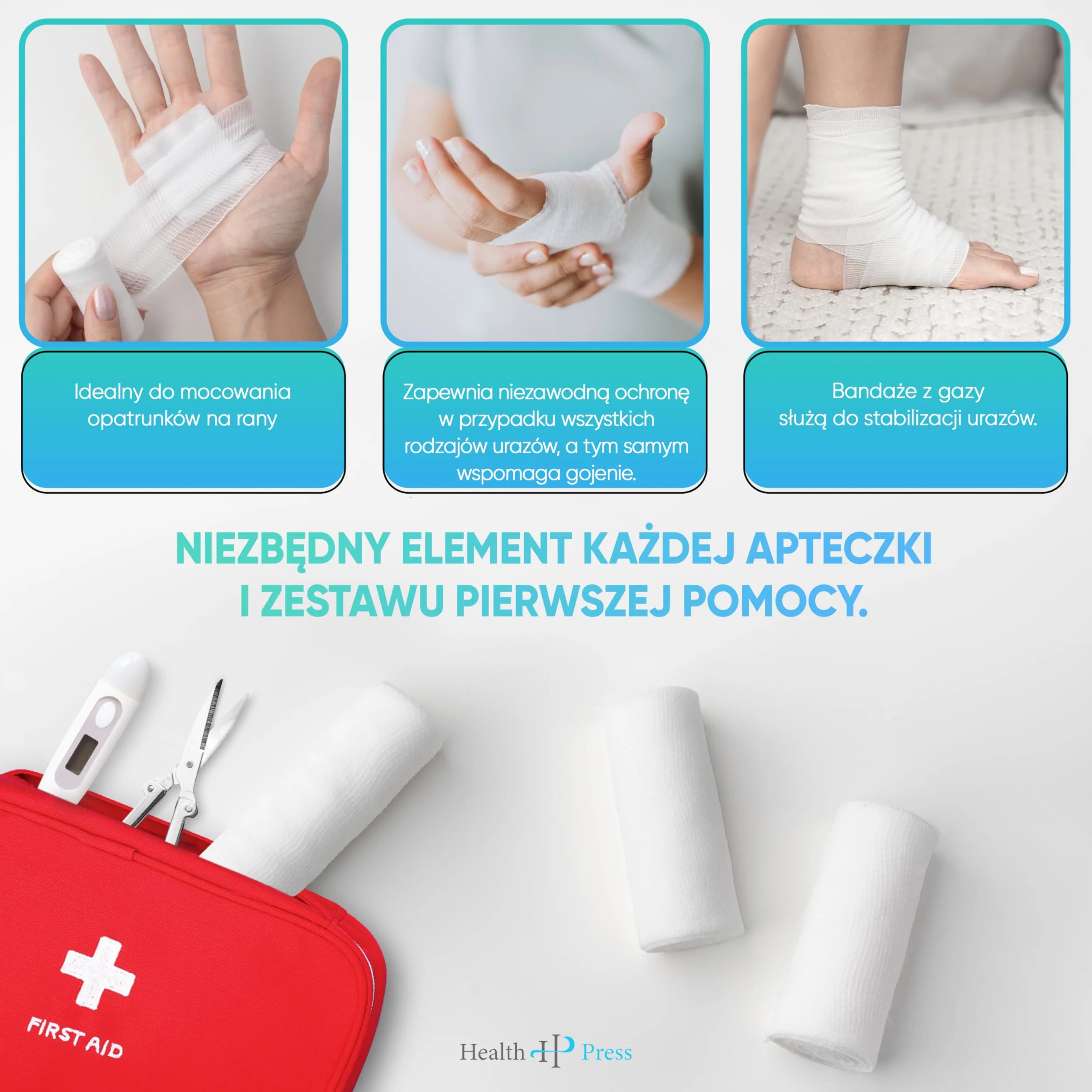 Health Press Bandaż z gazy – materiał opatrunkowy (8 cm x 4 m), 20 rolek – elastyczny – produkt medyczny – testowany dermatologicznie – mocujący – idealny do pierwszej pomocy