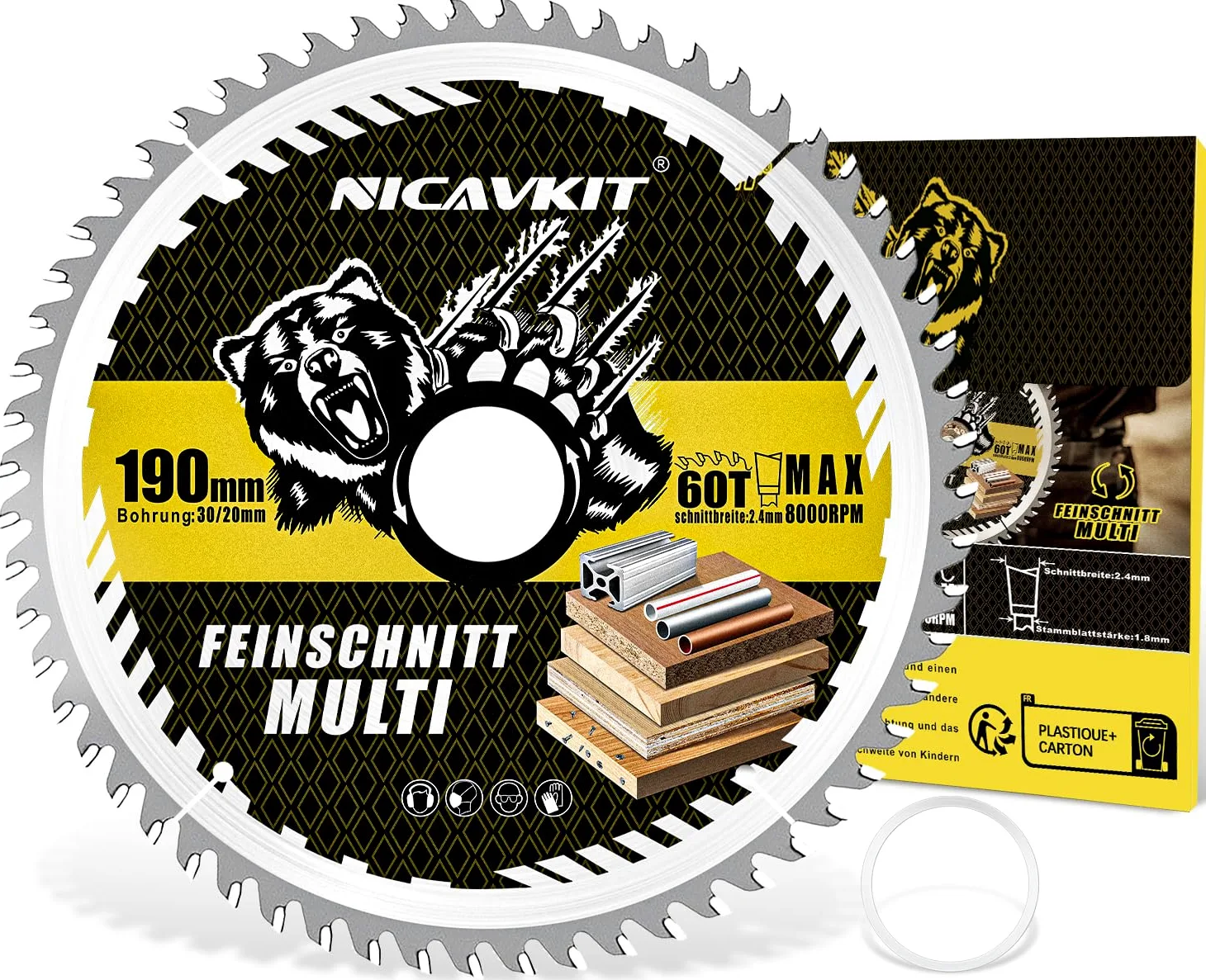 Ø190 x 30 mm brzeszczot do piły tarczowej do drewna, metalu i aluminium i innych. W zestawie 20mm kołnierz redukcyjny - wielomateriałowy brzeszczot do precyzyjnego cięcia 190x30 Kompatybilny