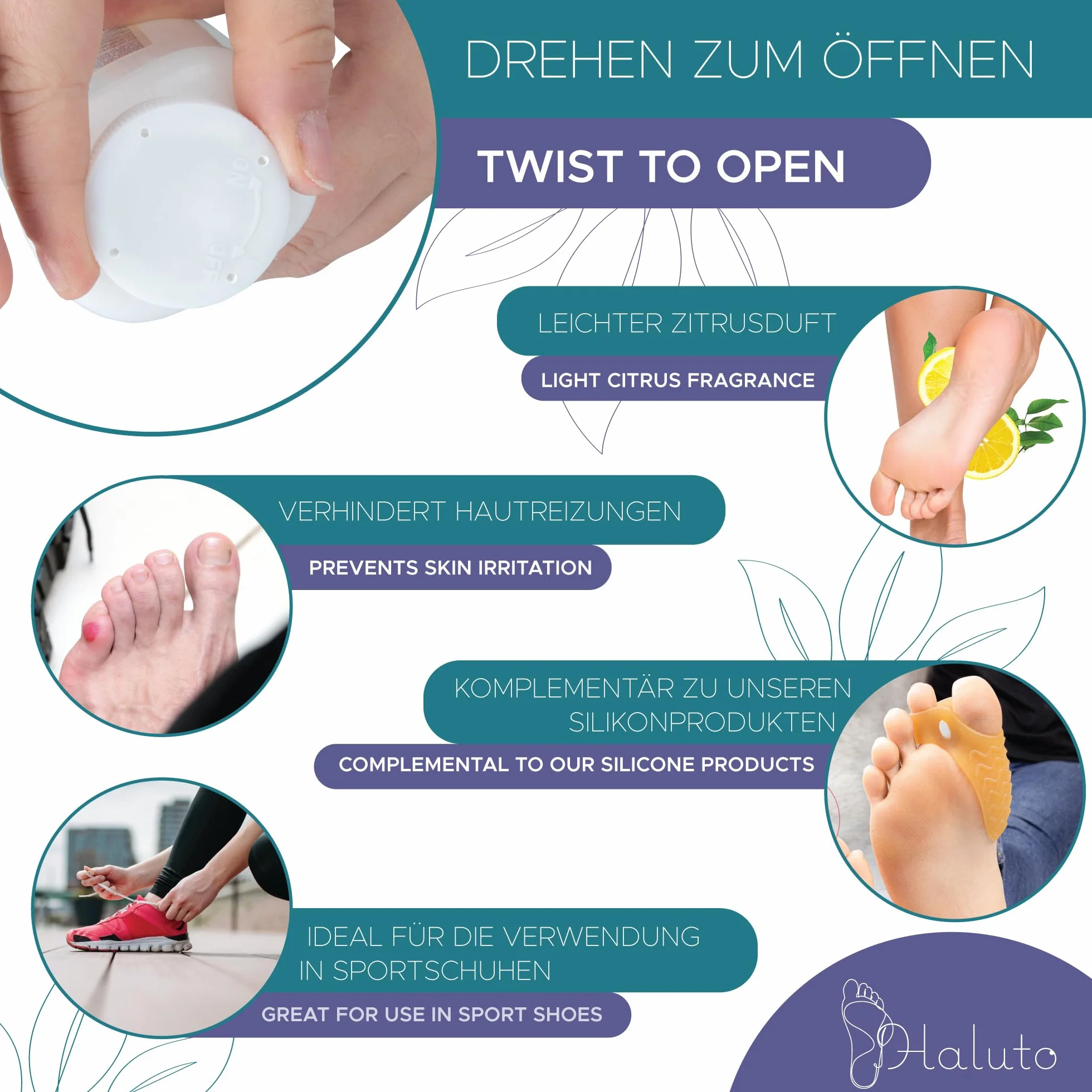 HALUTO Puder do butów i stóp – puder do stóp, przeciwdziała zapachowi, przeciw poceniu się stóp, antybakteryjny, z olejkiem z drzewa herbacianego, naturalny puder do stóp, 120 g (cytrus)