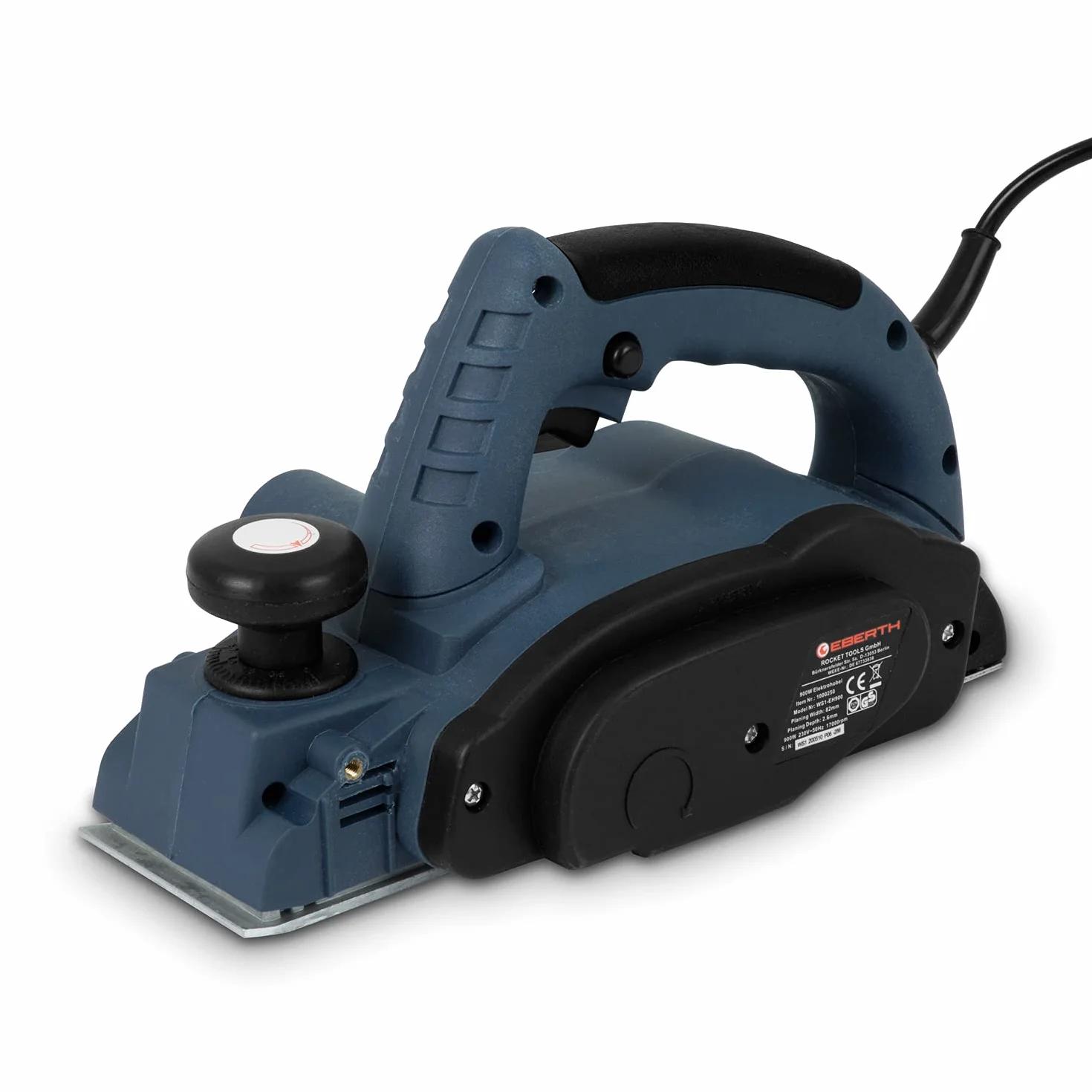 EBERTH Strug elektryczny do drewna o mocy 900 W, głębokości cięcia 2,6 mm, szerokości strugania 82 mm, strug z ogranicznikiem równoległości i głębokości oraz workiem na pył, blokadą włączania