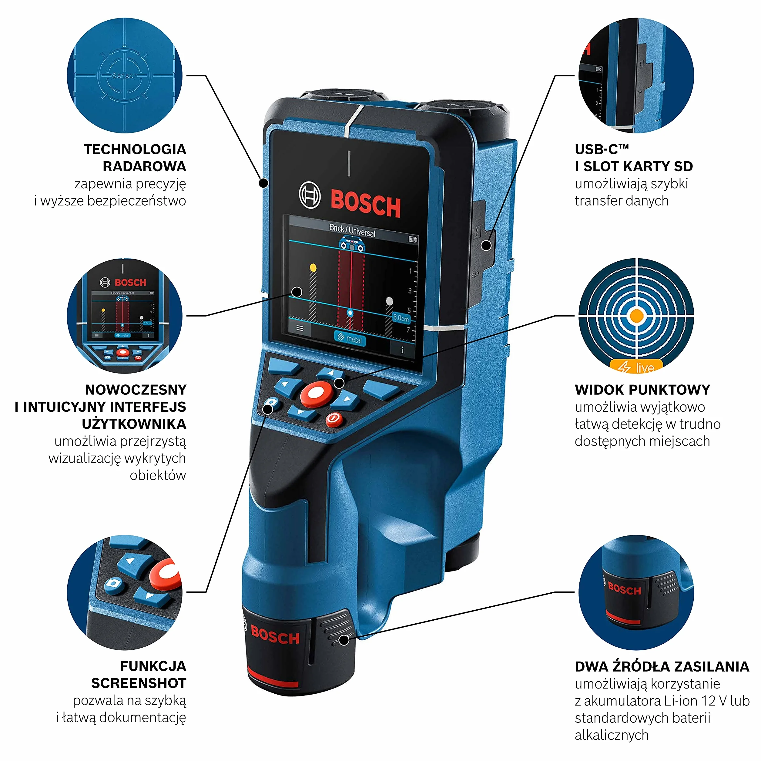 Bosch Professional system 12V: detektor D-tect 200 C (1 akumulator GBA 12V 2.0Ah, detekcja przewodów pod napięciem i nie pod napięciem, walizka L-BOXX)