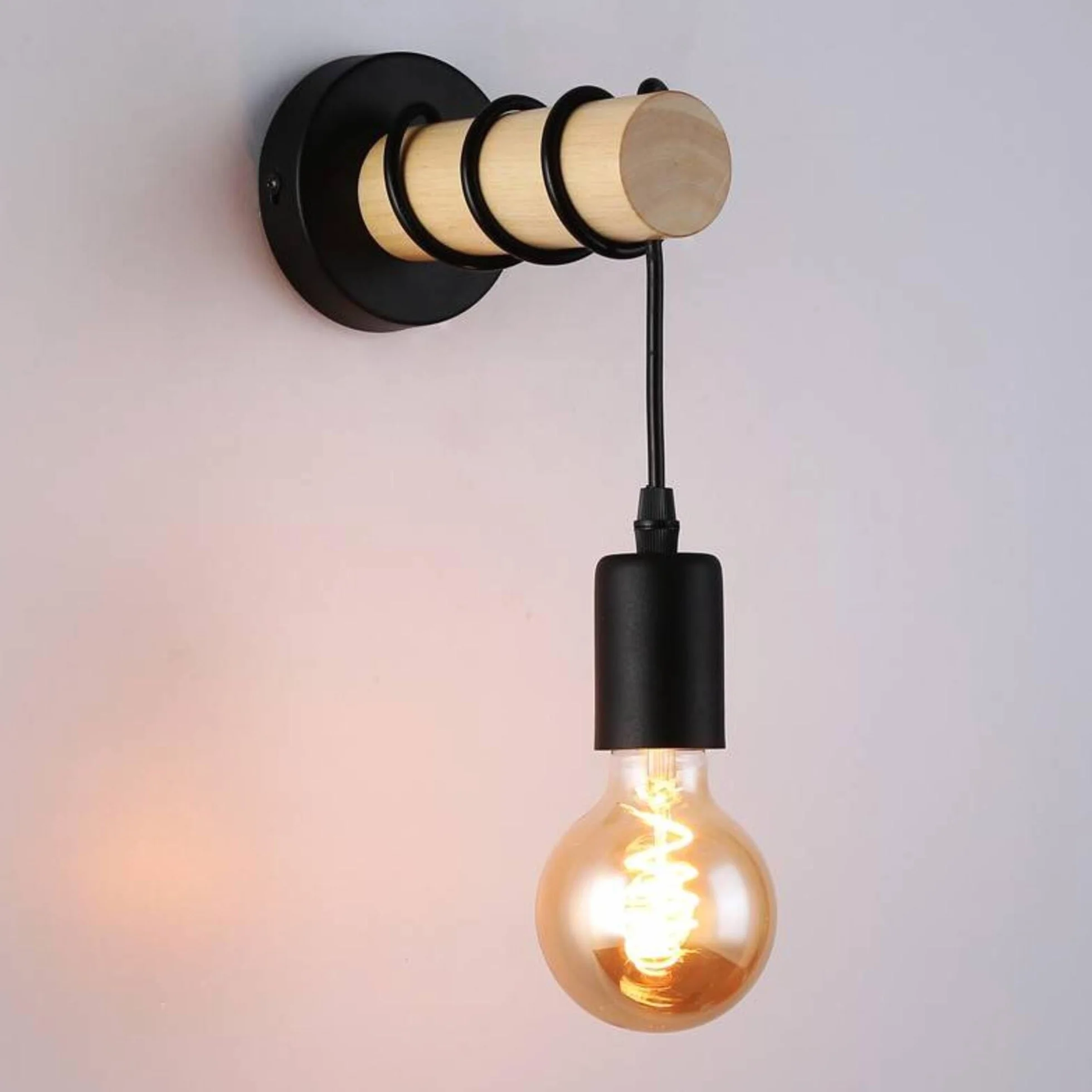 B·LED BARCELONA LED BarcelonaLED Okrągła lampa ścienna z naturalnego drewna z gniazdem E27 czarny wisiorek kabel w stylu vintage nordycki do przedpokoju sypialni salonu