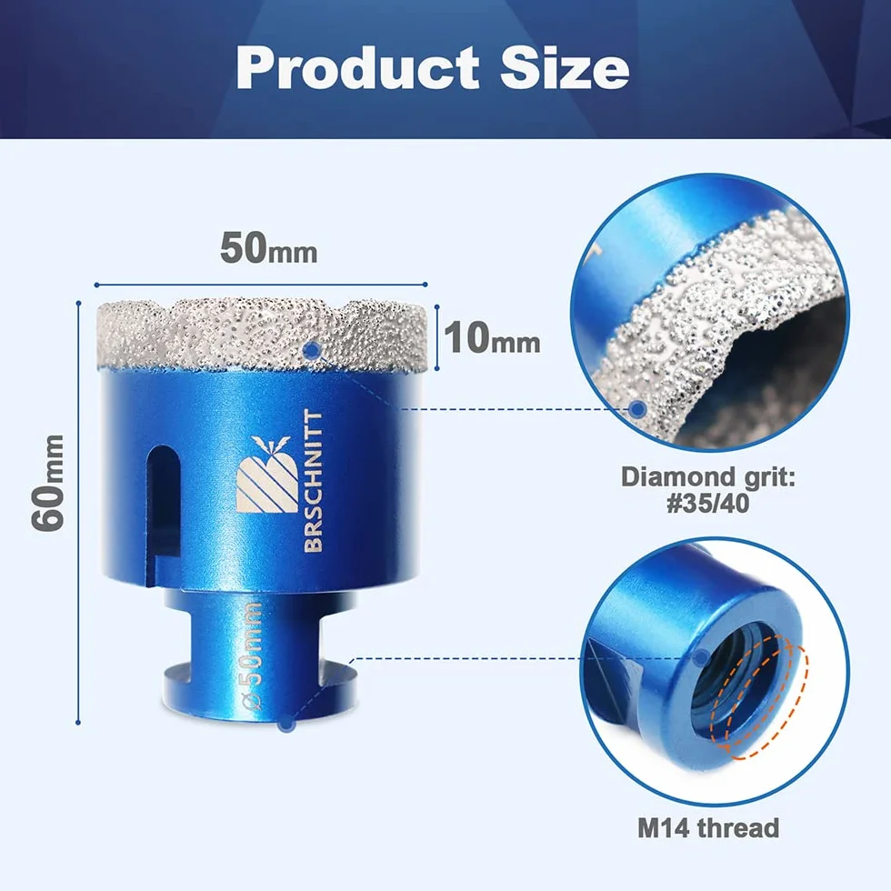 Wiertło diamentowe 50mm, BRSCHNITT 2 szt. M14 lutowane próżniowo diamentowe wiertło rdzeniowe Otwornica do płytek kamionkowych kamionkowych Ceramiczne marmurowe wiercenie granitowe, odpowiednie do szlifierek kątowych