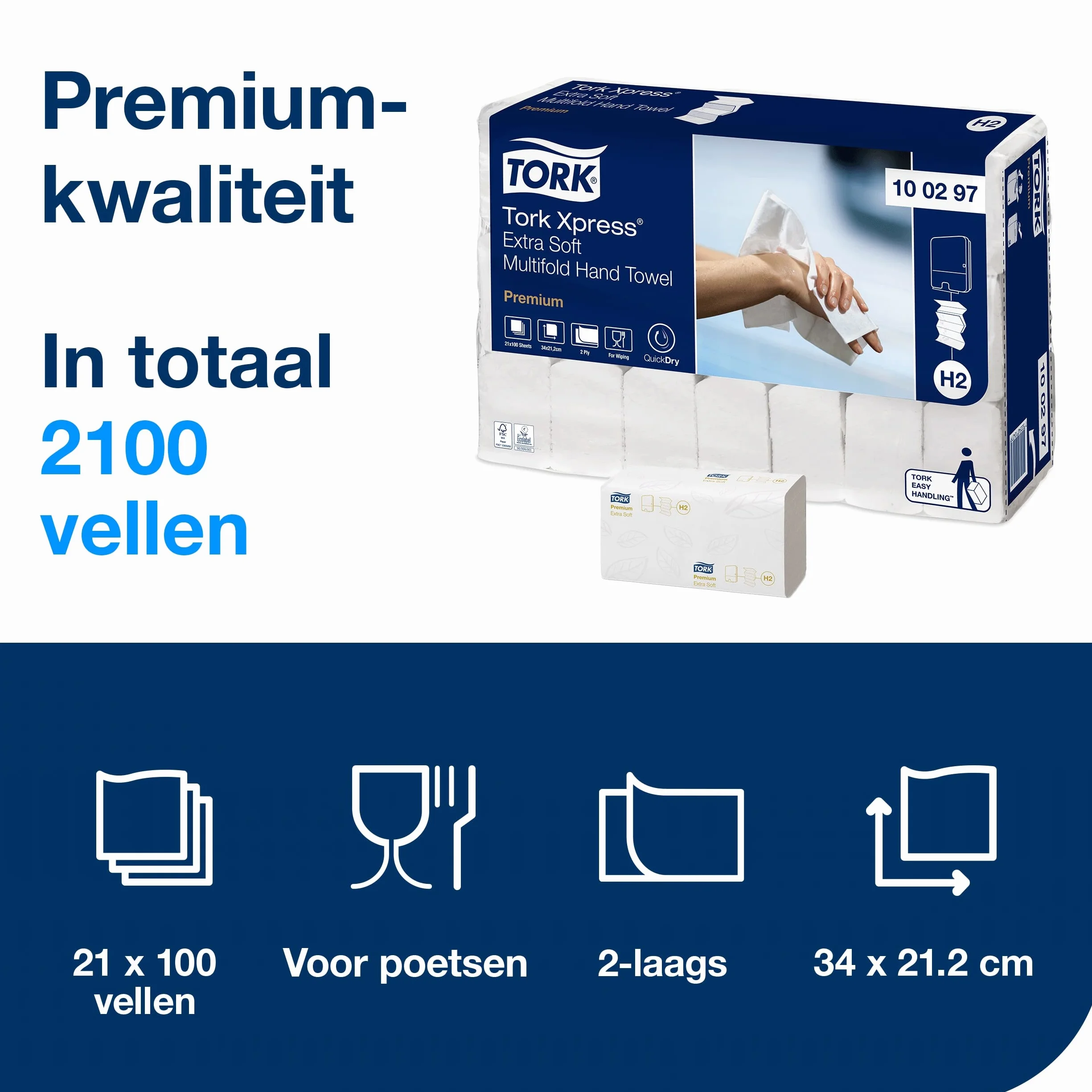 Tork Xpress ekstramiękki ręcznik Multifold, 4-panelowy (w składce wielopanelowej), biały, H2, Jakość Premium, 21 x 100 listków, 100297