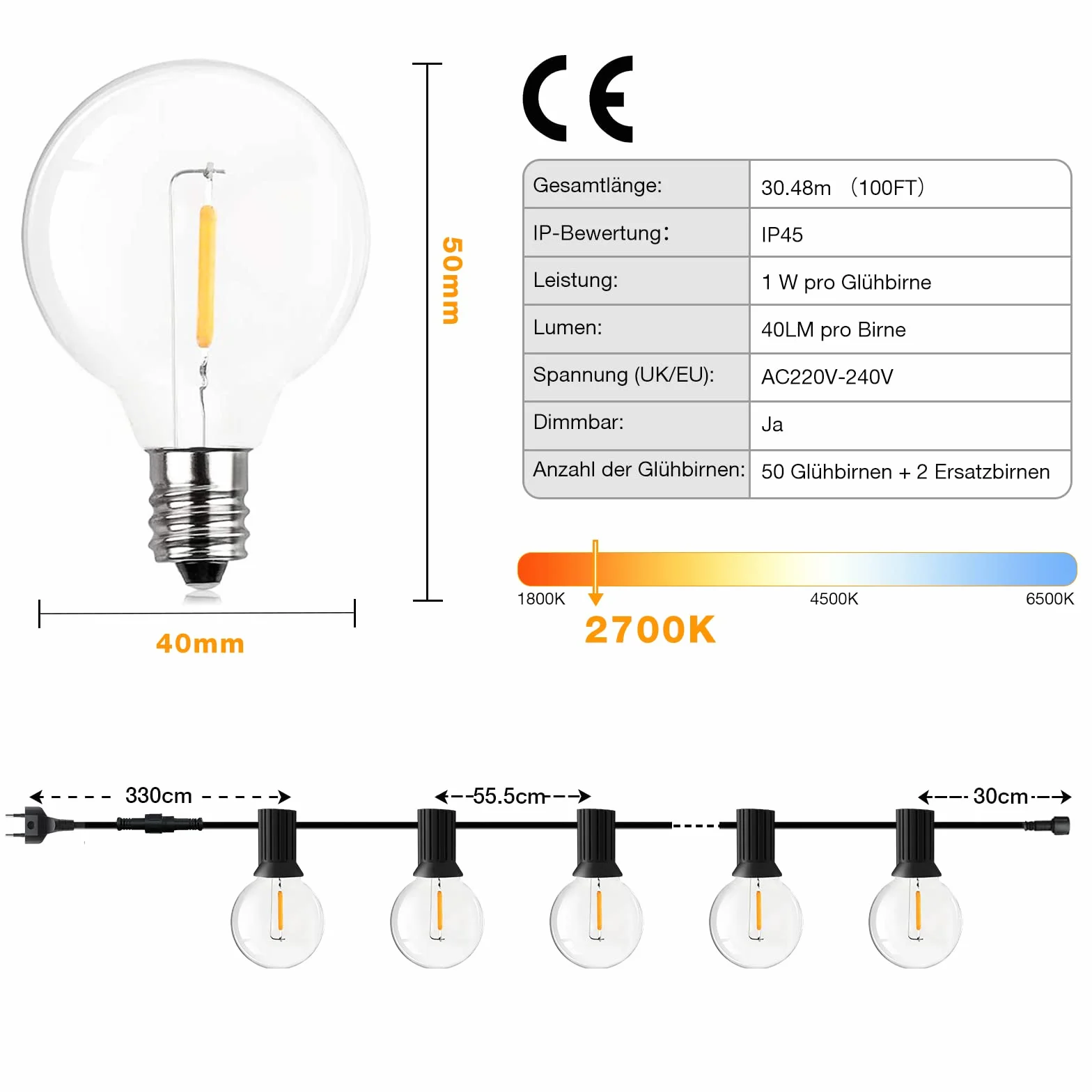 GPATIO łańcuch świetlny LED na zewnątrz, 30 m, 50 + 2 szt. żarówki G40, ciepła biel, plastik, klasa wodoszczelności IP45, do użytku wewnątrz i na zewnątrz, do ogrodu, na taras, na wesela, imprezy
