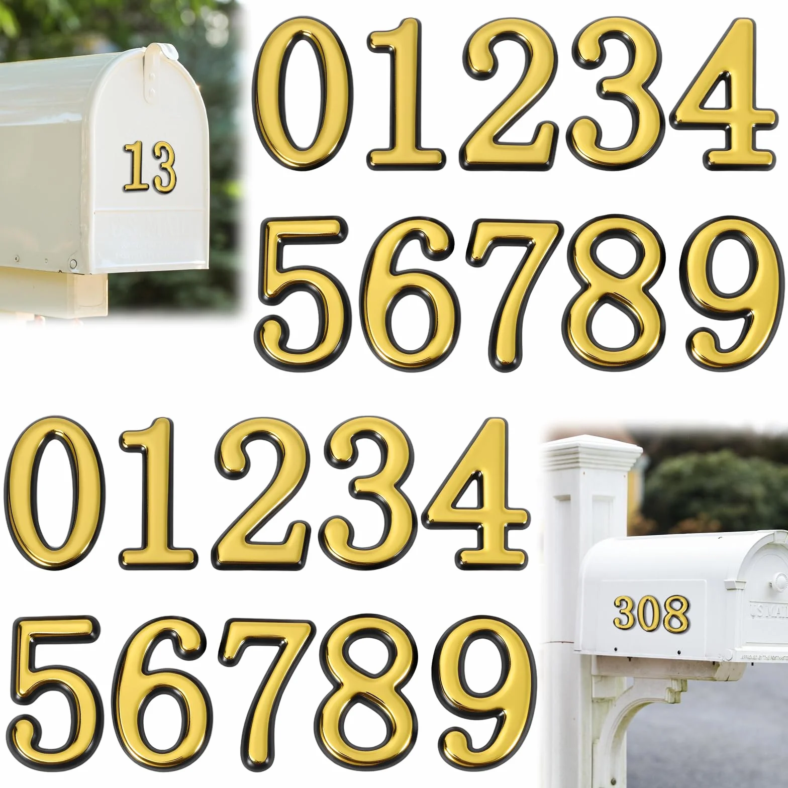 Numery na skrzynkę pocztową na zewnątrz, 5 zestawów 0–9 samoprzylepnych numerów na skrzynki pocztowe, 5 cm, złote naklejki z numerem na drzwi, wodoodporne naklejki 3D, do skrzynki pocztowej