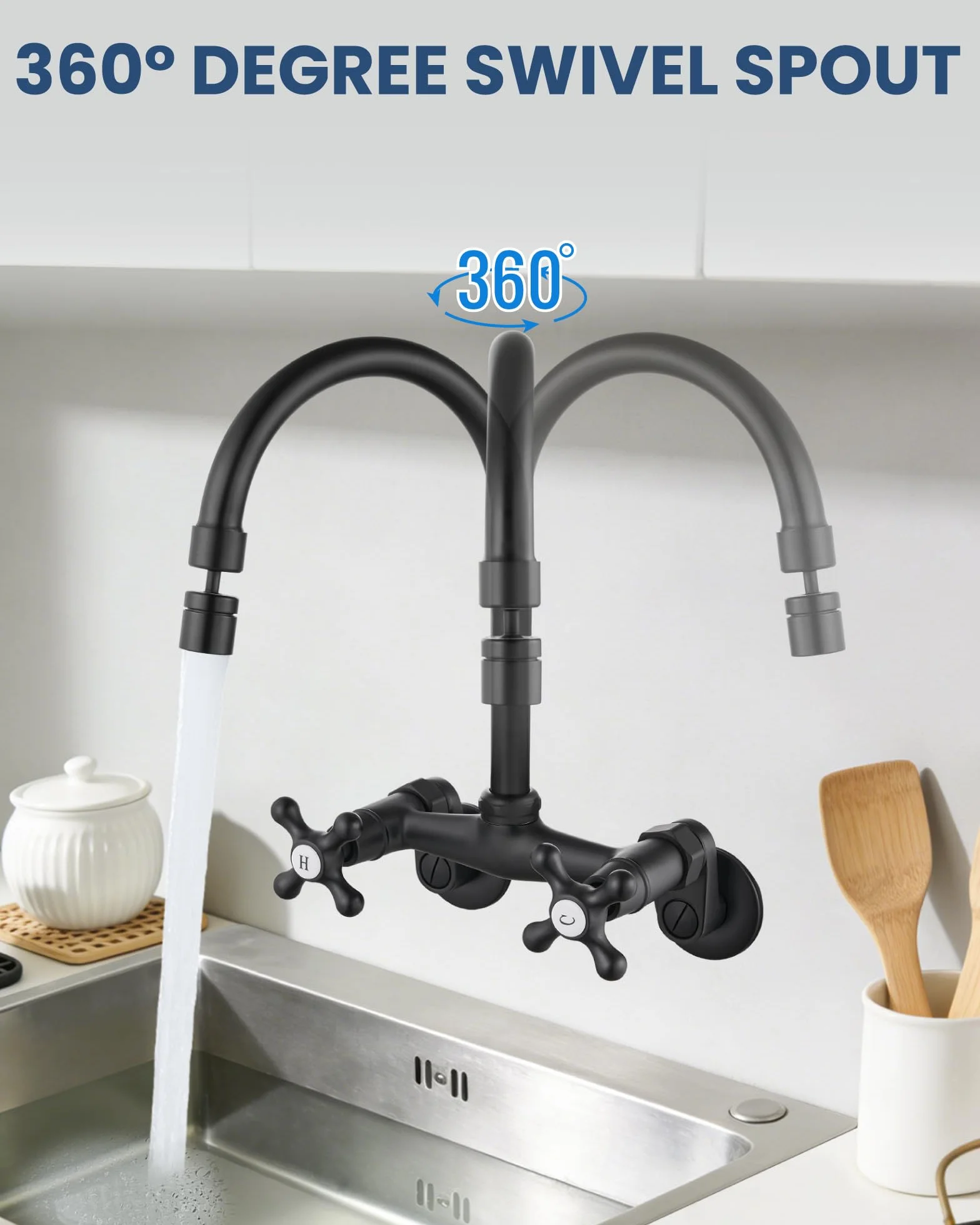 Airuida - Bateria kuchenna do zlewu ściennego z podwójnym uchwytem krzyżowym, wylewka obrotowa o 360°, mieszacz do restauracji, do użytku komercyjnego, centrum 15 cm, matowa czerń