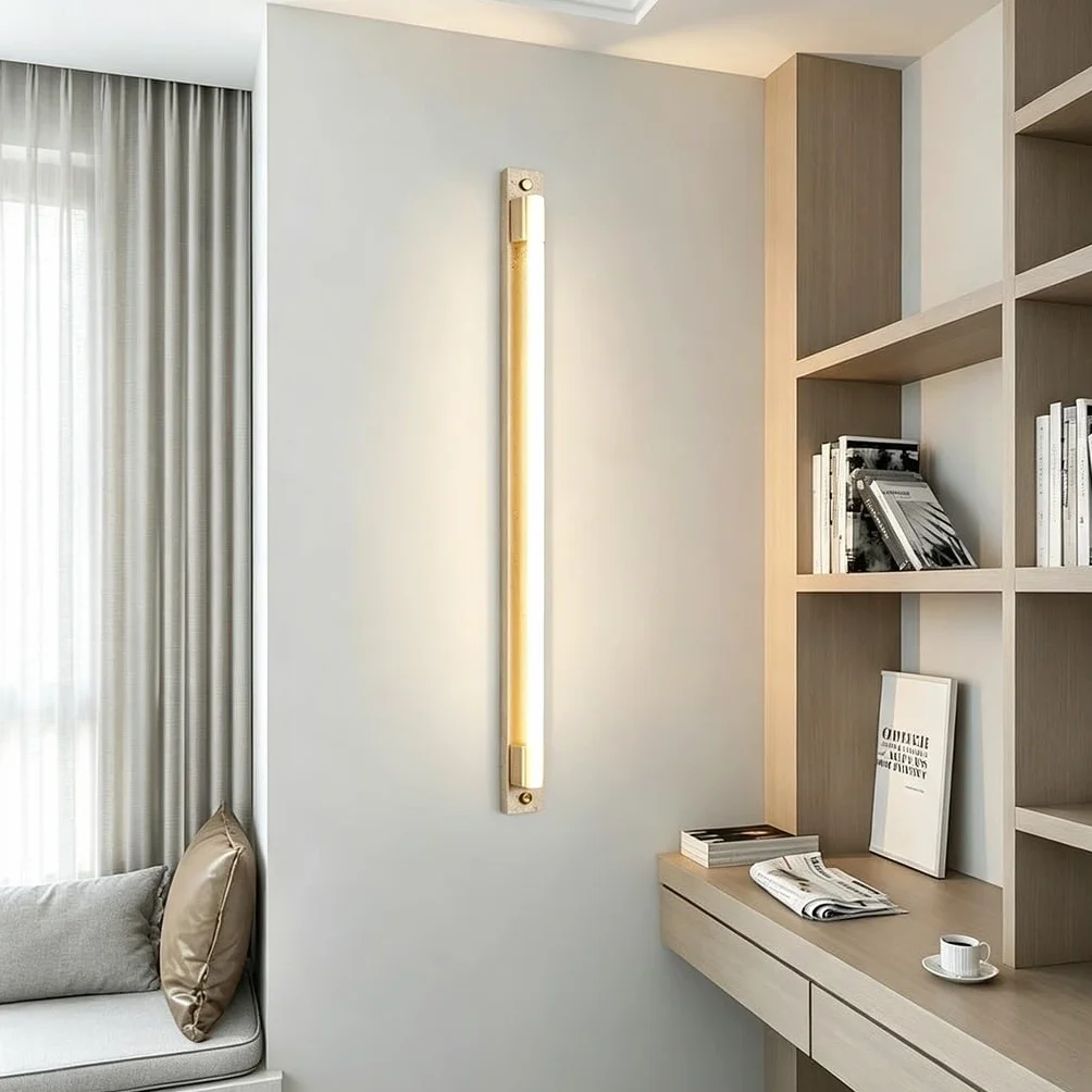 YUPIN Wabi Sabi Minimalistyczna Lampa Ścienna Z Trawertynu Długa LED Lampa Ścienna Z Naturalnego Kamienia Z Drewnianą Nowoczesna Liniowa Kinkiet W Skandynawskim Do Salonu Korytarza Sypialni(B,100cm)