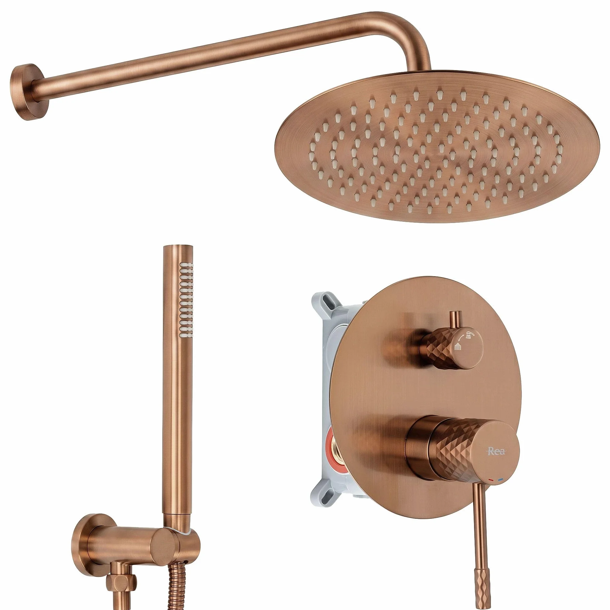 Rea - Zestaw Natryskowy Podtynkowy Lungo Diamond Miedź Szczotkowana + Box - 25x25x100 cm