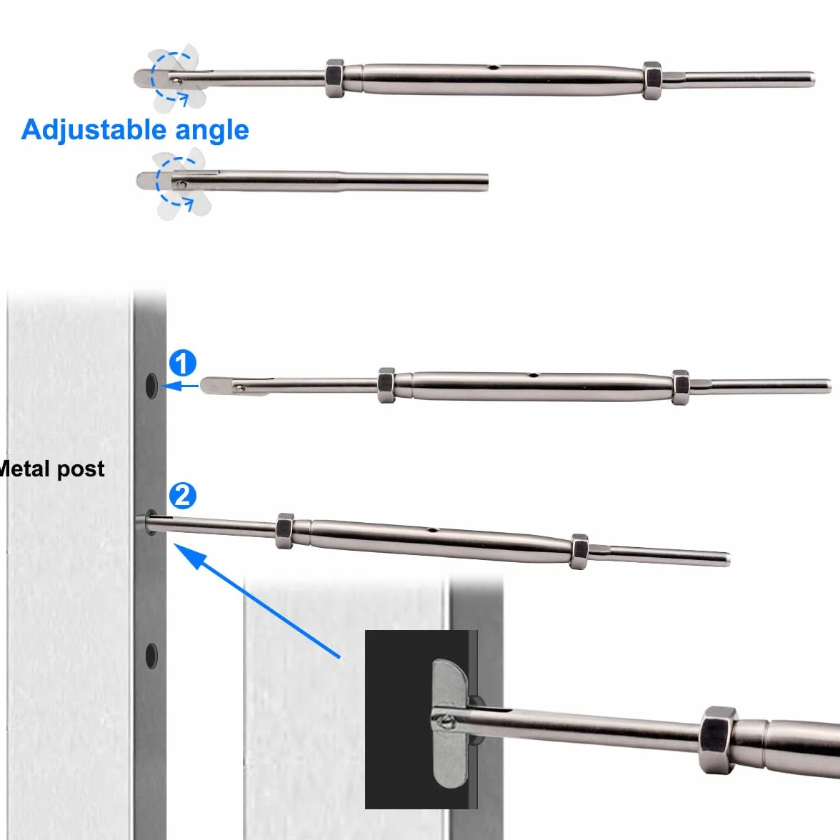 Zestaw osprzętu do poręczy kablowych 0,3 cm, metalowy system poręczy, regulowany kąt, napinacz napinający, 10 par