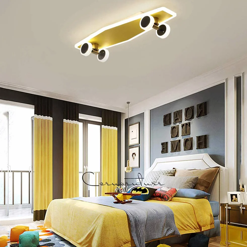 Lampa sufitowa, złota, pokój dziecięcy, deskorolka, lampa, ściemniana, dekoracja sypialni, lampa sufitowa dla chłopców, dzieci, młodzieży, lampa sufitowa, nowoczesny design do łazienki, salonu, ściany