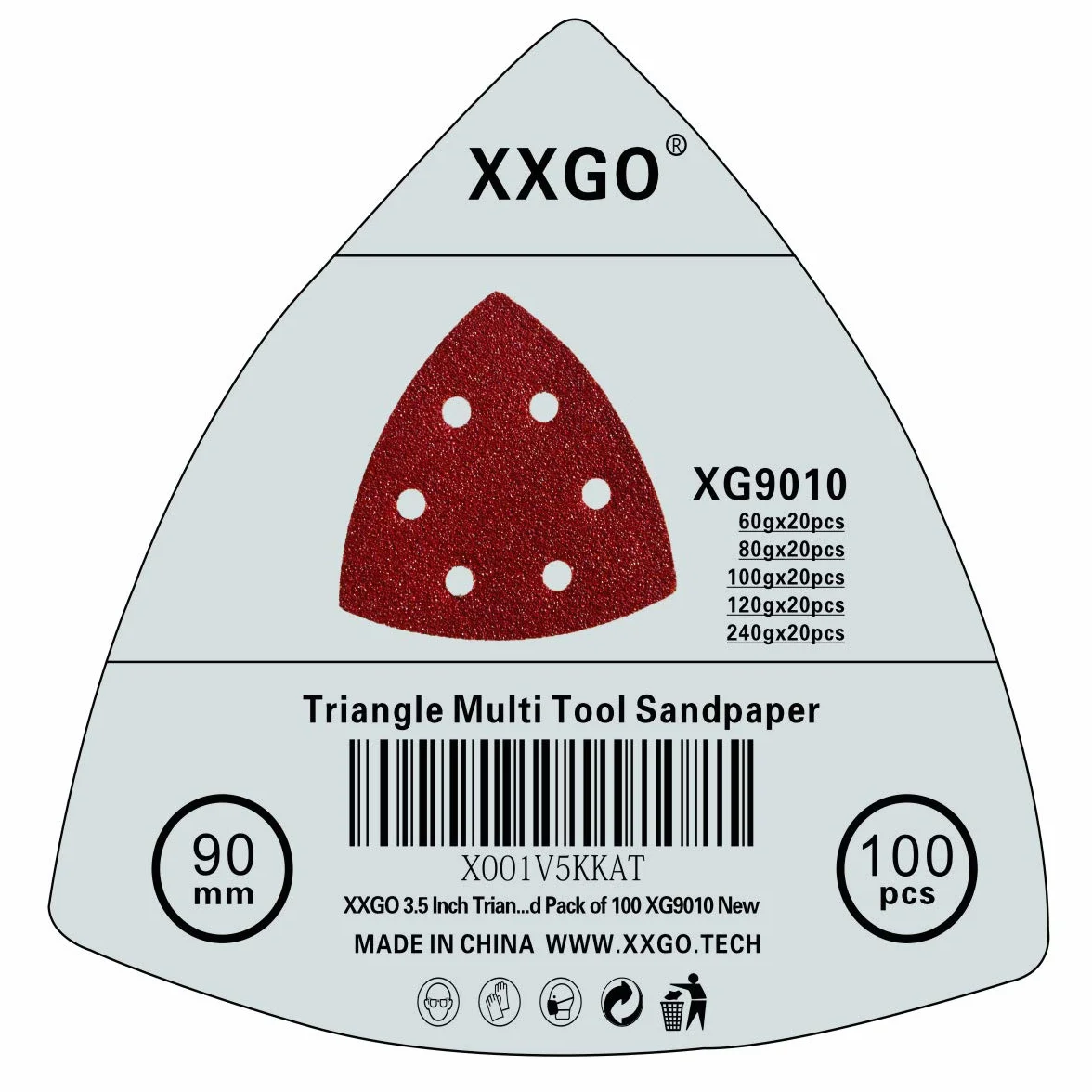 XXGO 3-1/2 cala 90 mm trójkątny 60/80/100/120/240 papier ścierny do szlifowania drewna zawiera 20 sztuk każdorazowo pasujących 8,5 cm oscylujące narzędzie wielofunkcyjne ścierne zestaw 100 XG9010U