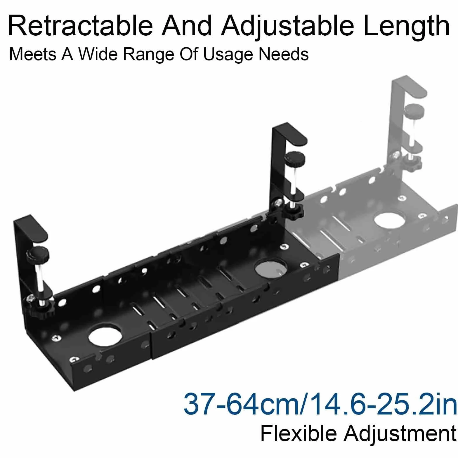 Regulowany Organizer Kabli Pod Biurko 37-64cm, Metalowa Półka na Kable z Zaciskiem Bez Wiercenia do Home Office(Black)