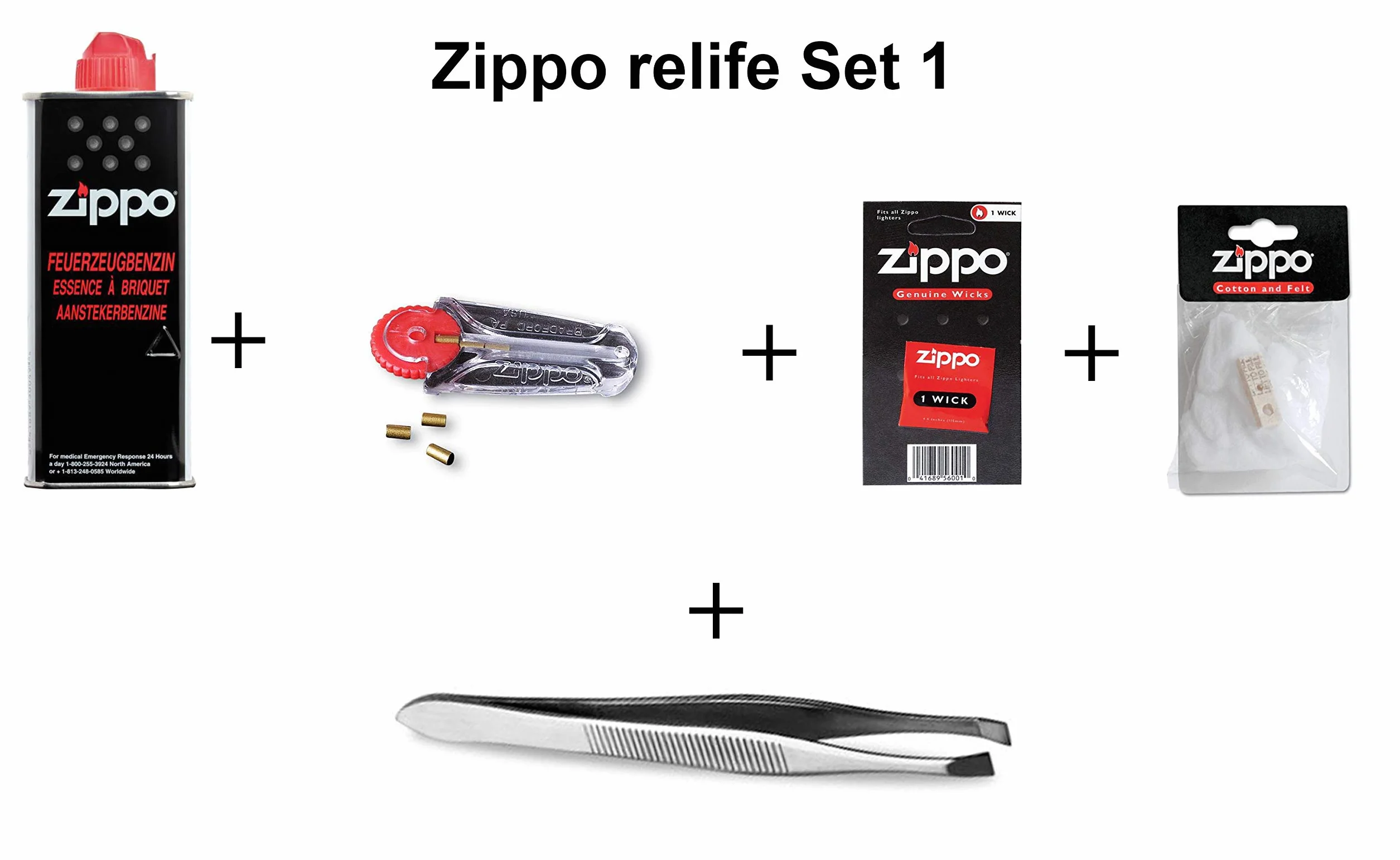 Zippo Zestaw Akcesoriów (ReLife) z Benzyną, Watą, Knotem, Kamieniami i Pincetą Sunmondo do Łatwiejszej Wymiany Knota