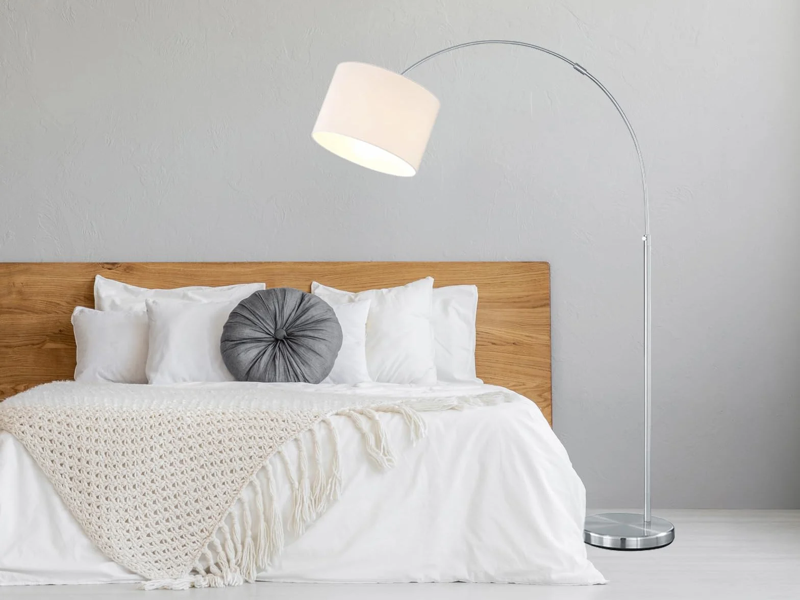 meineWunschleuchte Lampa łukowa z regulacją wysokości z abażurem z materiału w kolorze białym, maks. wysokość 215 cm