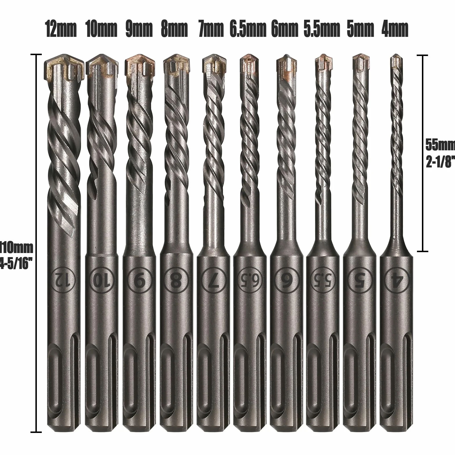 Zestaw wiertła obrotowego SDS Plus， 110 mm SDS Plus 4-ostrzowe wiertło krzyżowe z węglika wolframu, 4-12 mm do kamiennej cegły betonowej | 110mmX6.5mm