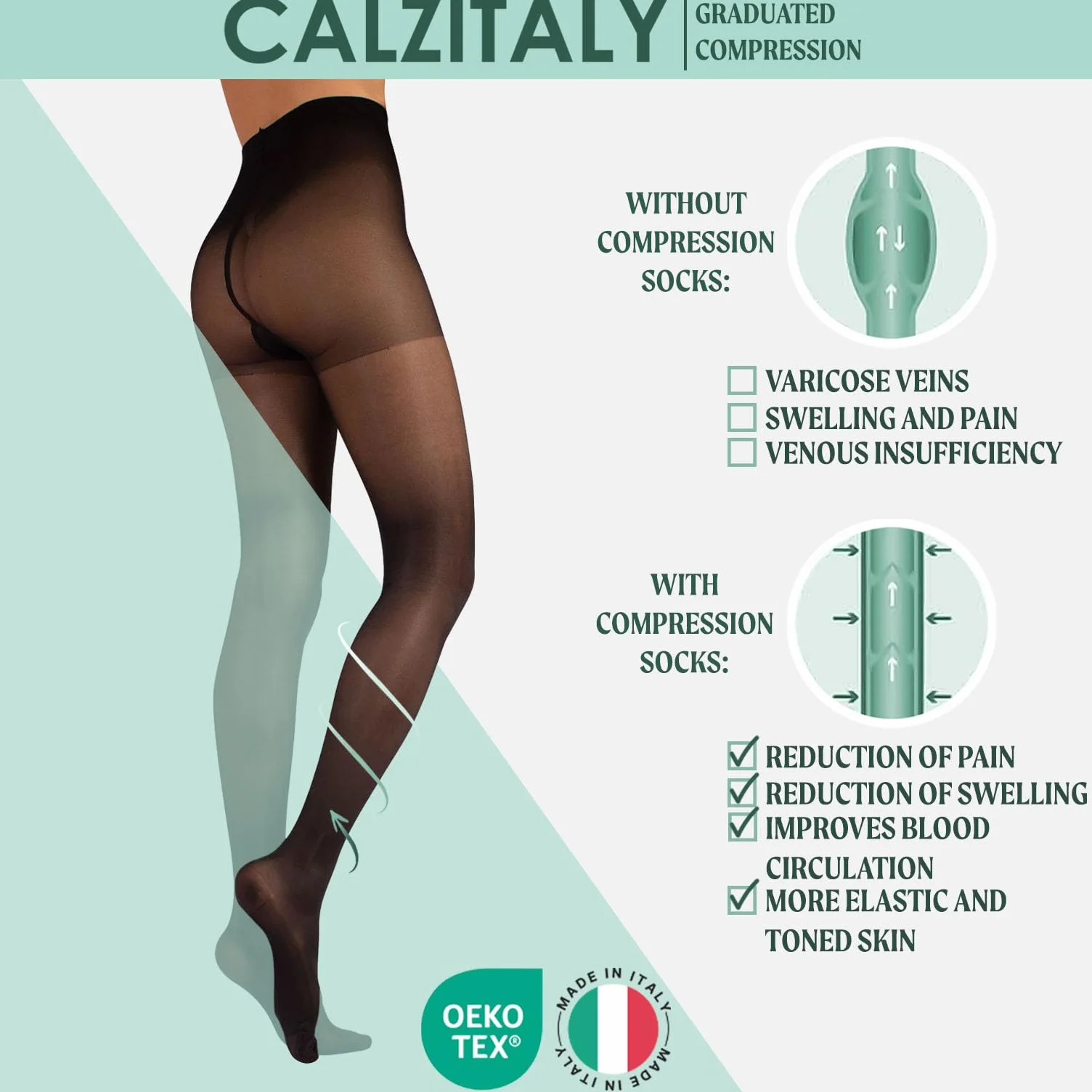 CALZITALY Damskie rajstopy medyczne | 10-14 Mmhg stopniowane rajstopy kompresyjne | 70 Den | czarne, skóra | wyprodukowano we Włoszech |, Czarny, XXL
