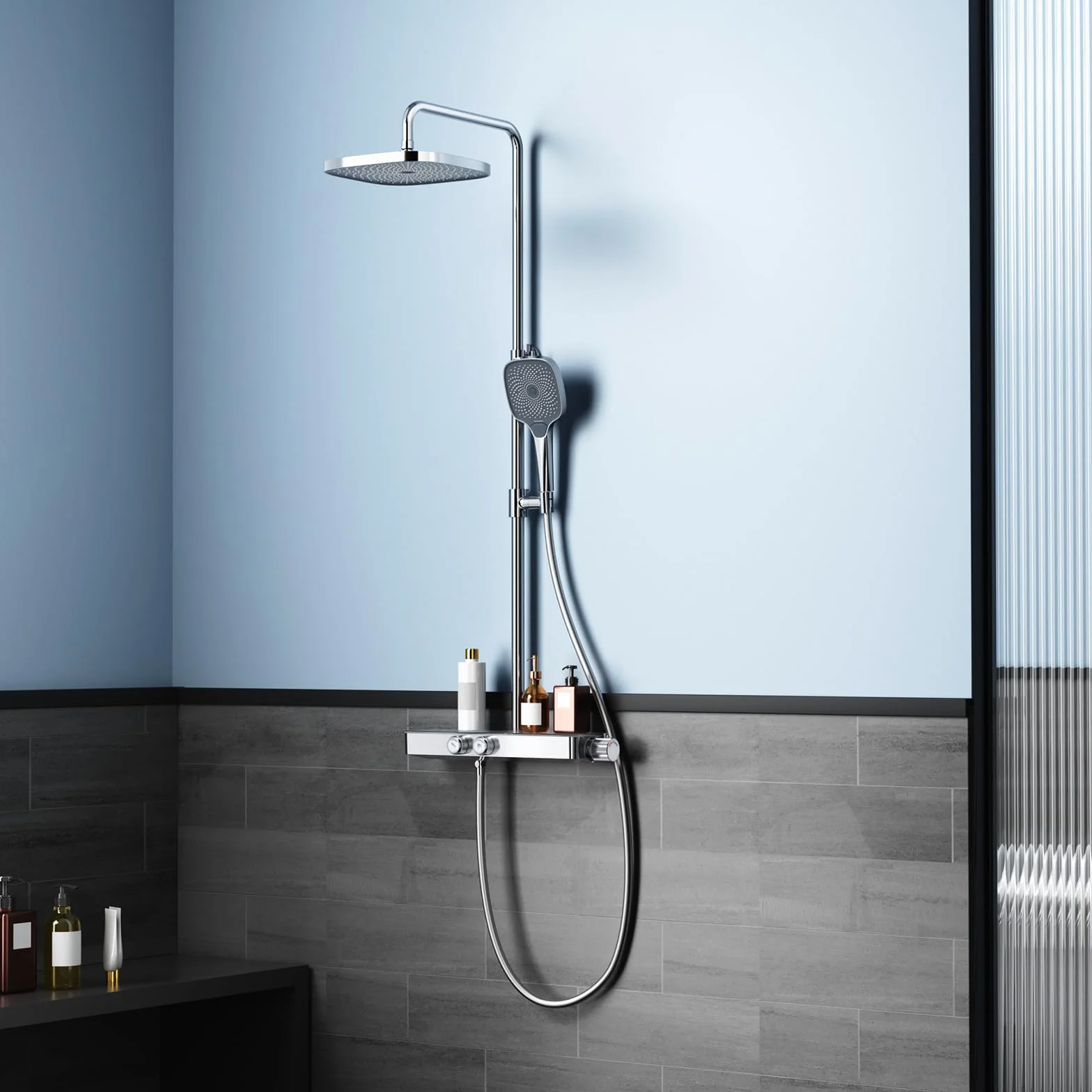 Rainsworth System prysznicowy z termostatem i szklaną półką – obsługa jednym przyciskiem i regulacją przepływu, armatura prysznicowa, deszczownica 26 x 26 cm, słuchawka prysznicowa, 3 rodzaje
