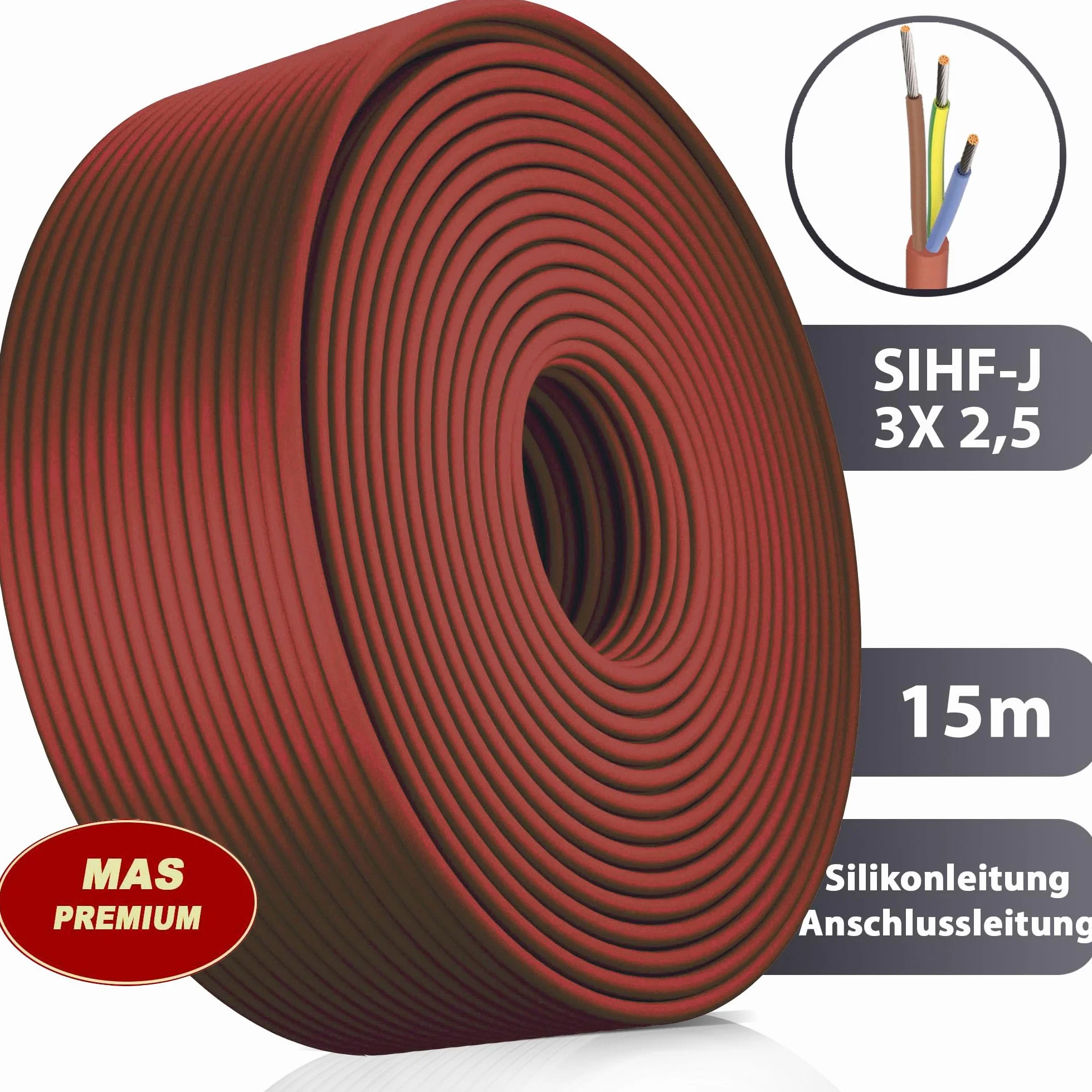 MAS Premium SIHF-J 3 x 0,75 1 1,5 2,5 4 6 kabel silikonowy, 5-250 m, przewód przyłączeniowy, elastyczny do urządzeń o wysokiej temperaturze (SIHF-J 3 x 2,5, 15 m)