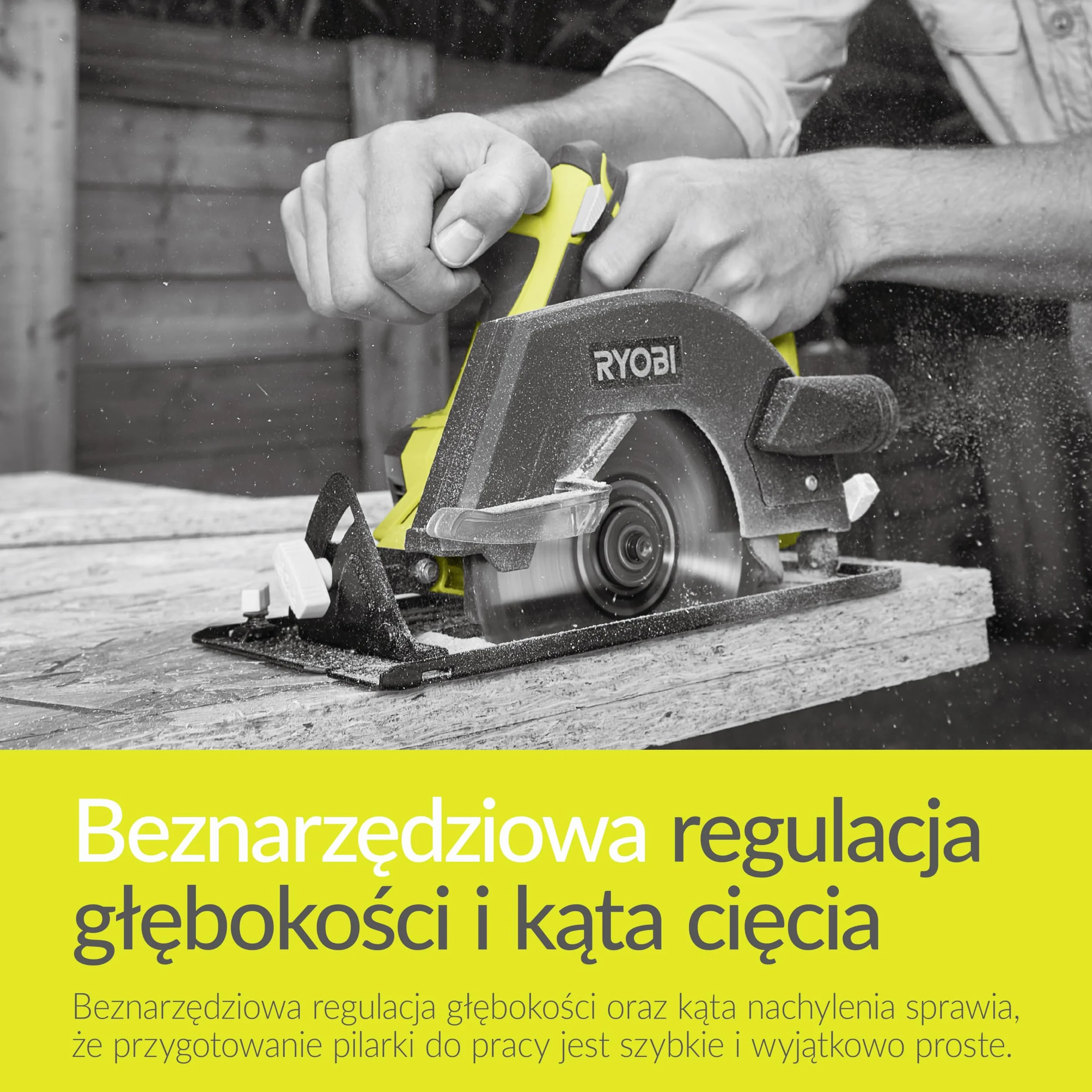 Ryobi Pilarka tarczowa 18V, R18CSP-0, średnica tarczy 150 mm, regulacja kąta 0-56 stopni, głębokość cięcia 45 mm przy 90 stopniach oraz 32 mm przy 45 stopniach, wersja bez akumulatora i ładowarki