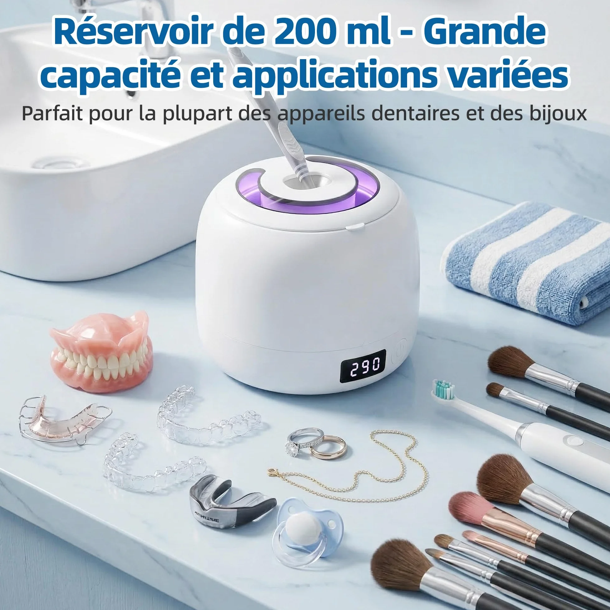 Carehabi Ultradźwiękowe urządzenie do czyszczenia szyn dentystycznych i protez - 45 kHz Dental Pod ze światłem UV i zdejmowanym zbiornikiem o pojemności 200 ml - elektryczne urządzenie do czyszczenia
