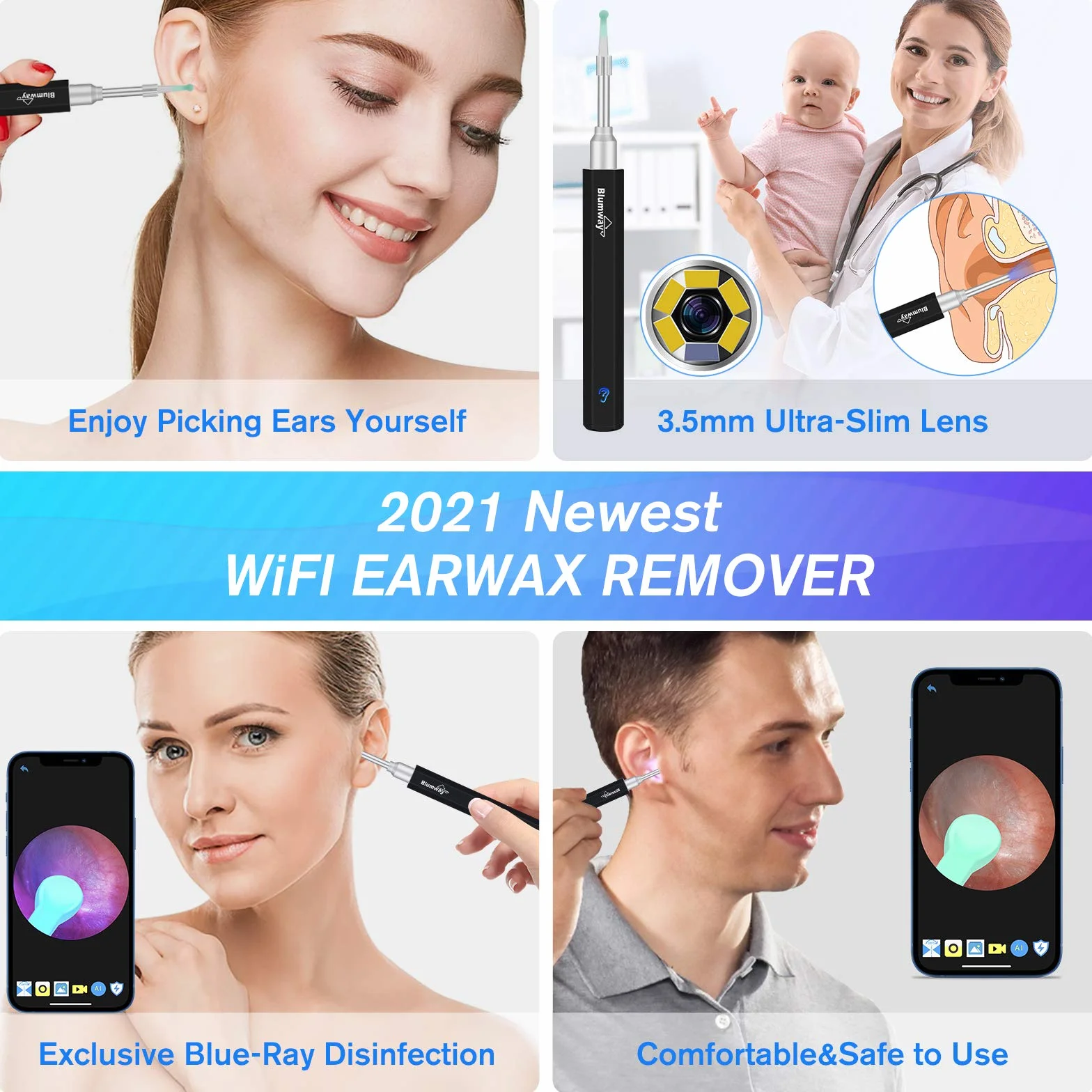BlumWay Otoskop do ucha z WiFi 3,5 mm 1080p HD endoskop, urządzenie do czyszczenia uszu z 6 diodami LED, czyszczenie uszu, środek do usuwania woskowiny usznej, dla dzieci i dorosłych, z iOS, Android (czarny)