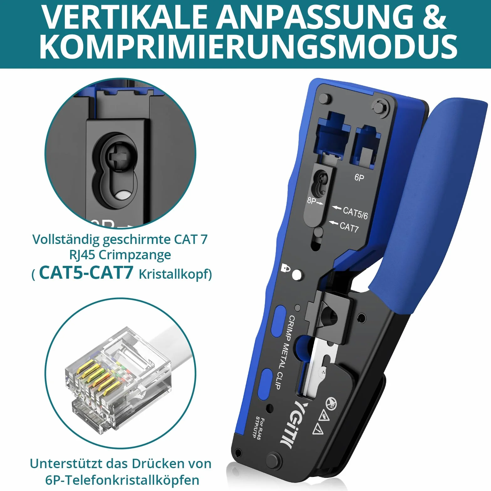 Zestaw narzędzi do zaciskania RJ45, zaciskarka 3 w 1, striptizerka, tester kabli do CAT5, Cat5e, CAT6, Cat6A 8P+6P, narzędzie do zaciskania przelotowego Ethernet z 50 szt. złączami RJ45 Cat6 i
